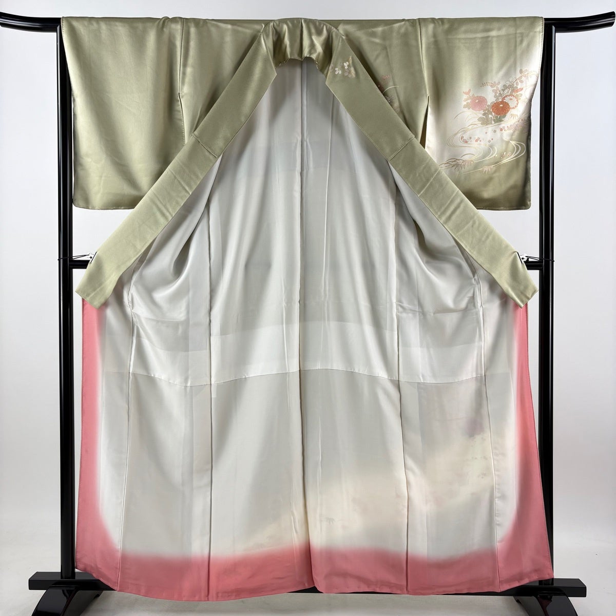 美品】 訪問着 身丈159cm 裄丈65cm M 袷 花車 流水 金彩 ぼかし 鶯色