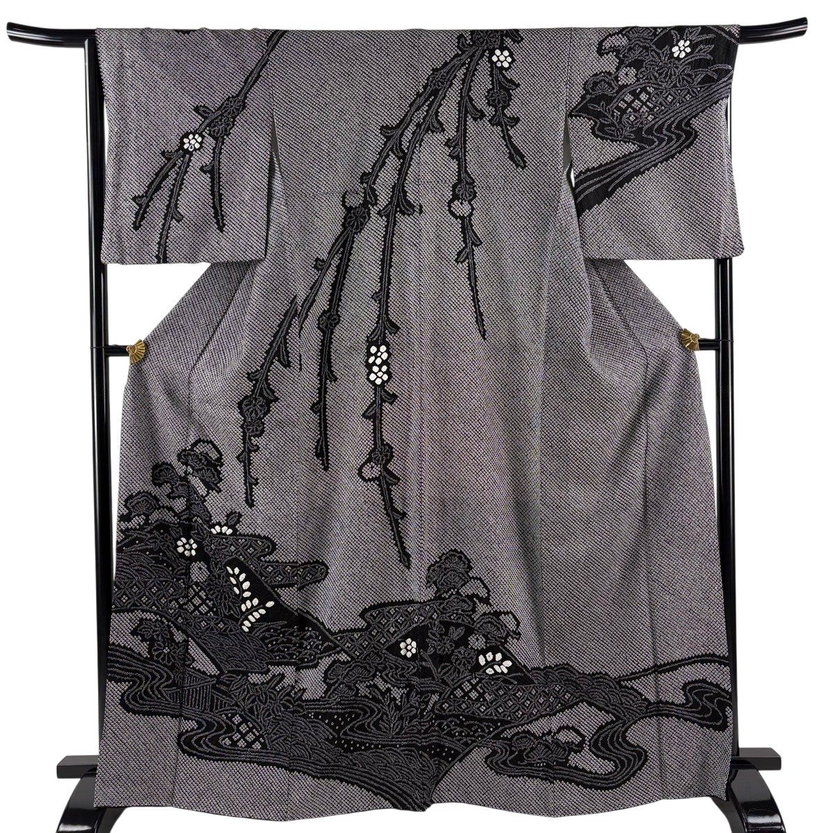 訪問着 身丈166.5cm 裄丈66cm M 袷 草花 流水 総絞り 黒 正絹 名品