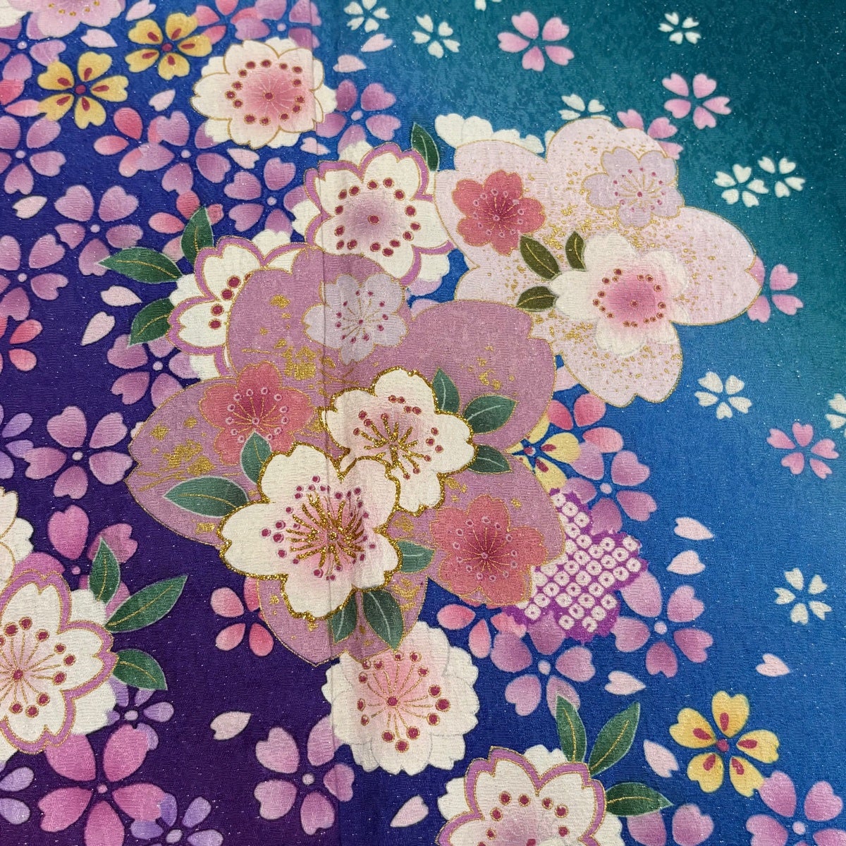 振袖 身丈167.5cm 裄丈68cm L 袷 桜 銀通し 箔 青緑 正絹 名品｜中古