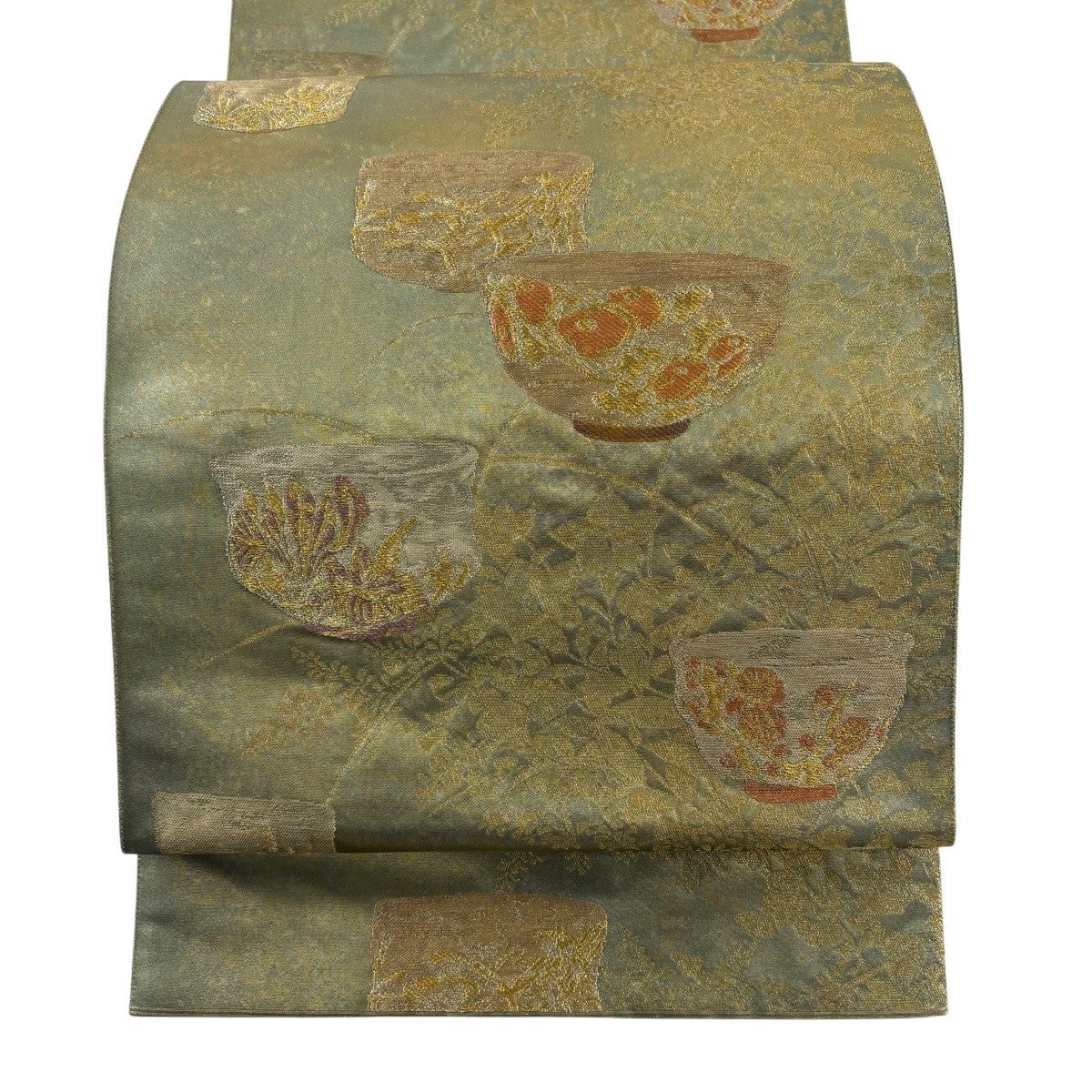 R*6様 袋帯 六通袋帯 宝祥碧玉華文名品 落款 じゅらく 着物 草花 美品 袋帯 名品 じゅらく 落款あり 古錦雅集文 鳥丸文 金糸 箔 緑 六通 正絹