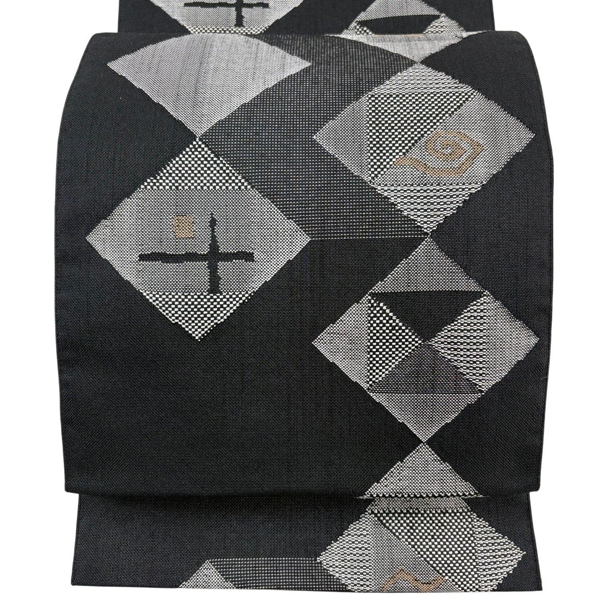 美品】 名古屋帯 名品 八寸名古屋帯 松葉仕立て 幾何学模様 黒 正絹