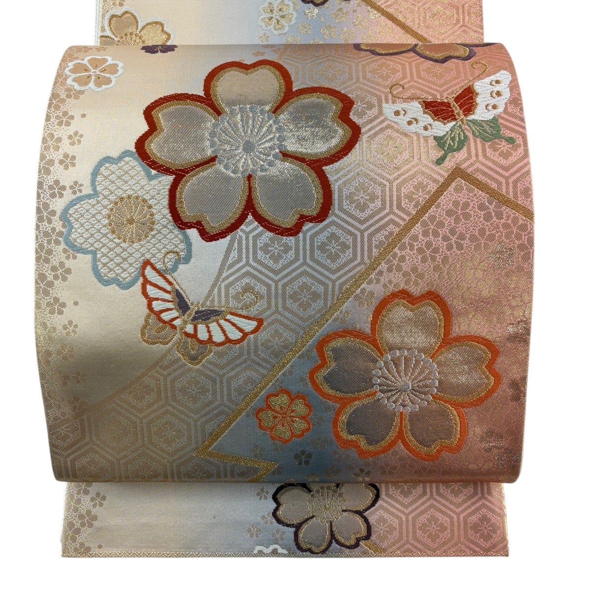 美品】 袋帯 秀品 関西仕立て 桜 蝶 金糸 箔 ベージュ 六通 正絹｜中古