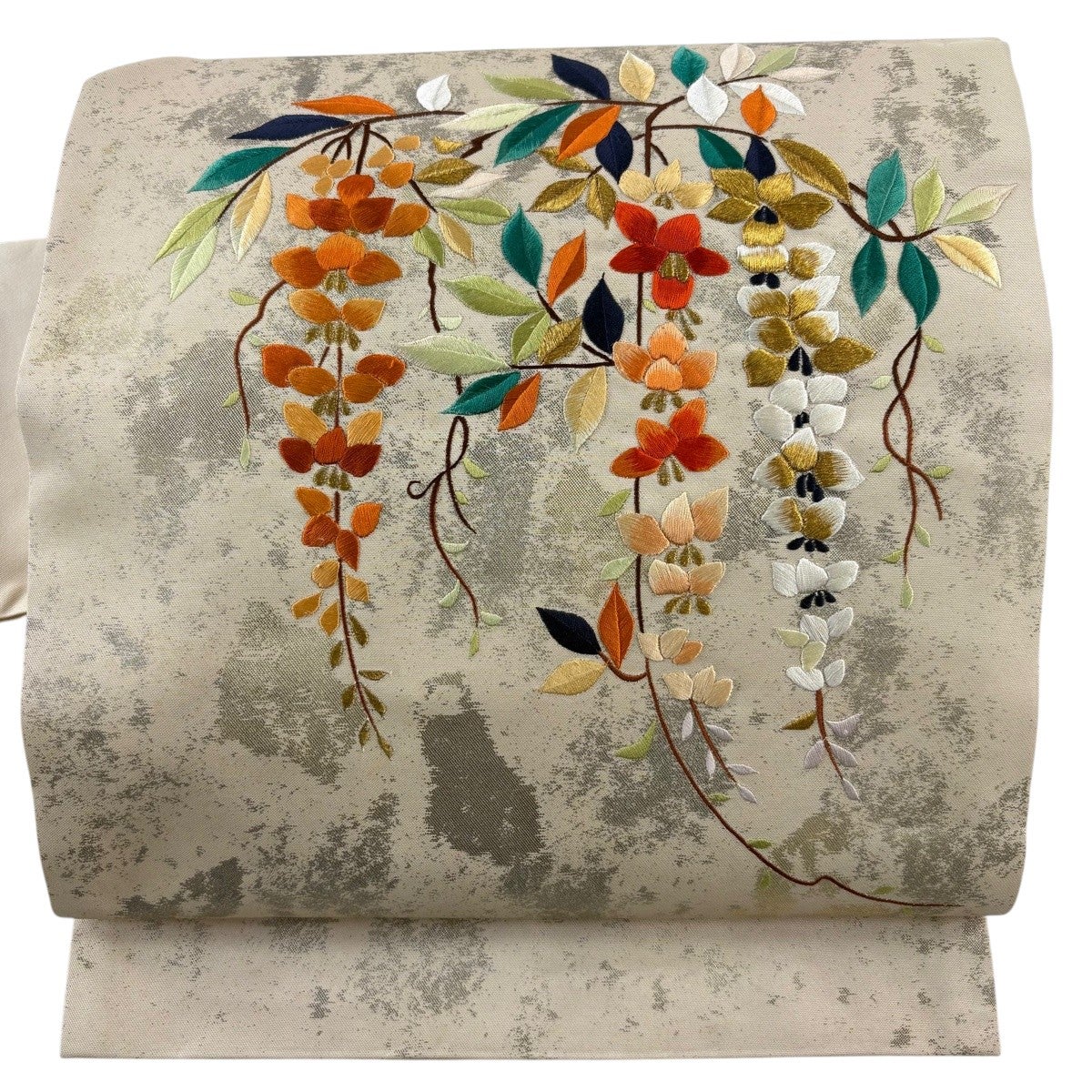 名古屋帯 秀品 藤 草花 刺繍 金糸 クリーム 正絹｜中古・古着