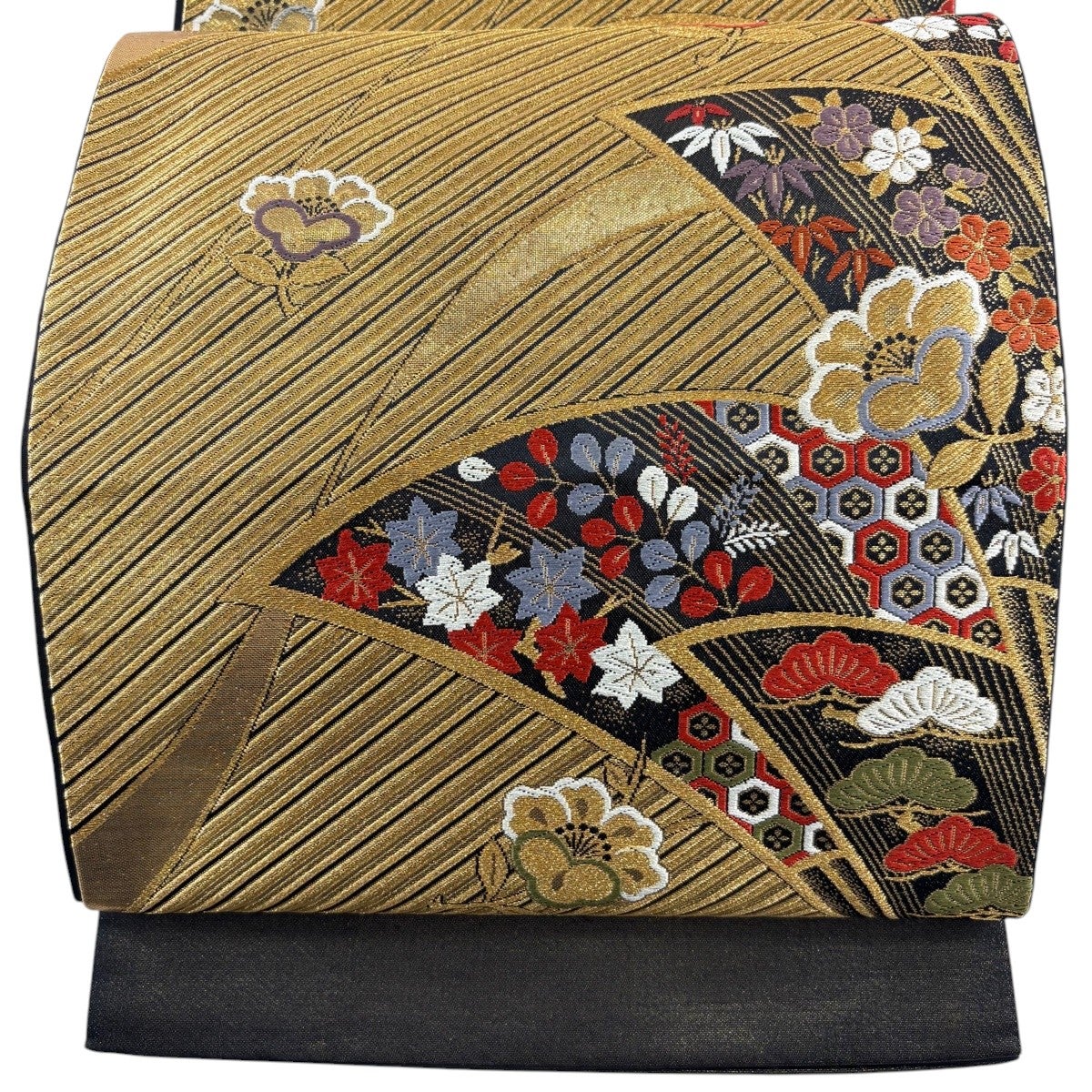美品】 袋帯 秀品 松竹梅 斜縞 金銀糸 箔 金色 六通 正絹｜中古・古着