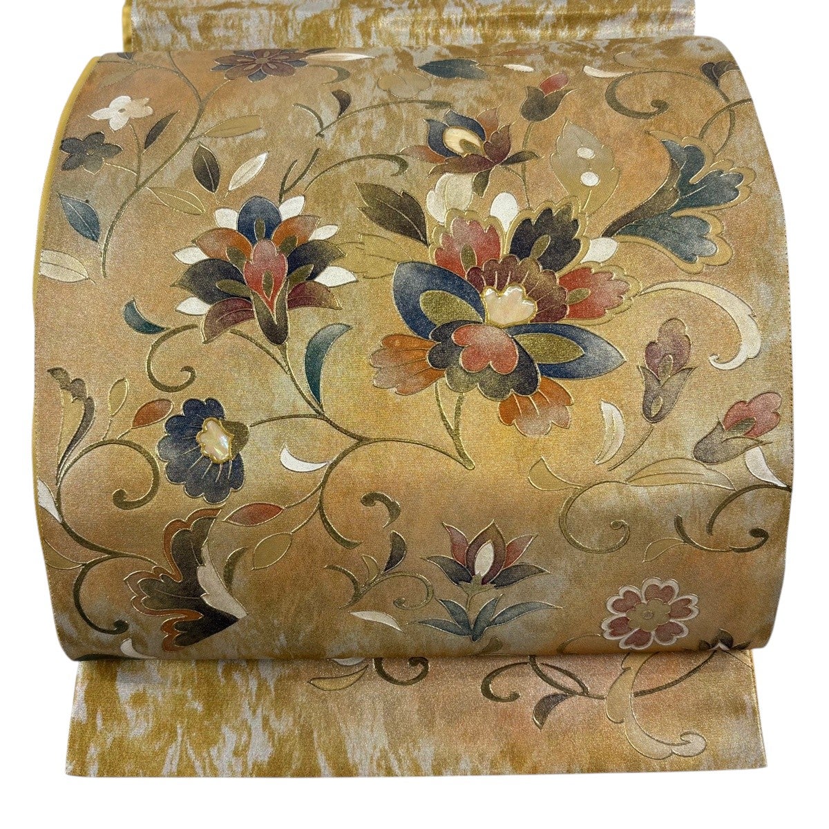 美品】 袋帯 名品 花唐草 草花 螺鈿 金彩 金色 お太鼓柄 正絹｜中古