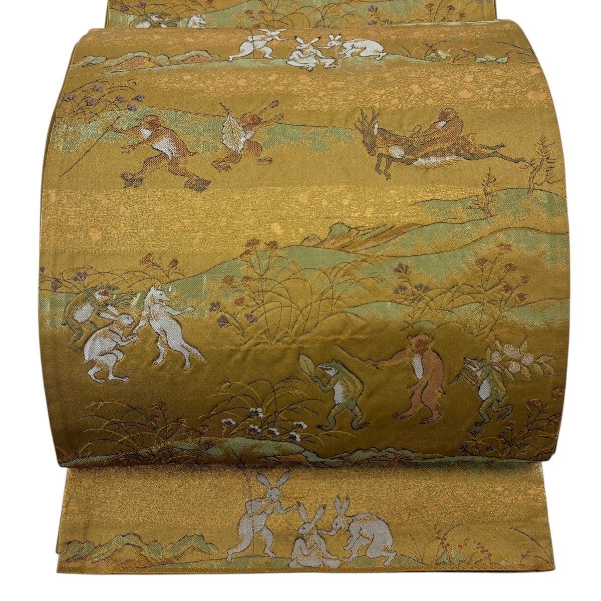 袋帯 名品 関西仕立て 鳥獣戯画 金糸 箔 山吹茶色 六通 正絹｜中古