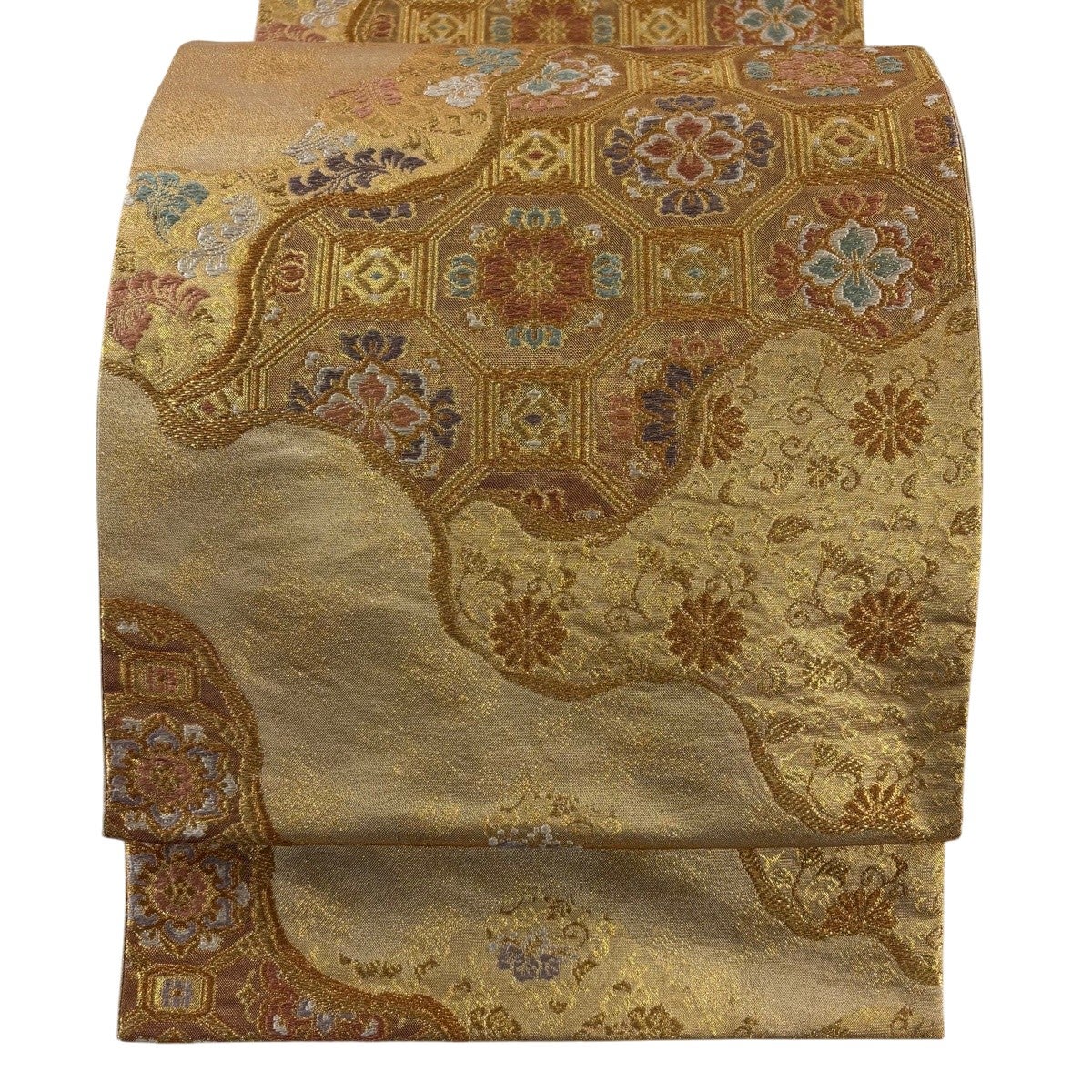美品】 袋帯 名品 華文 花唐草 金糸 ベージュ 六通 正絹｜中古・古着