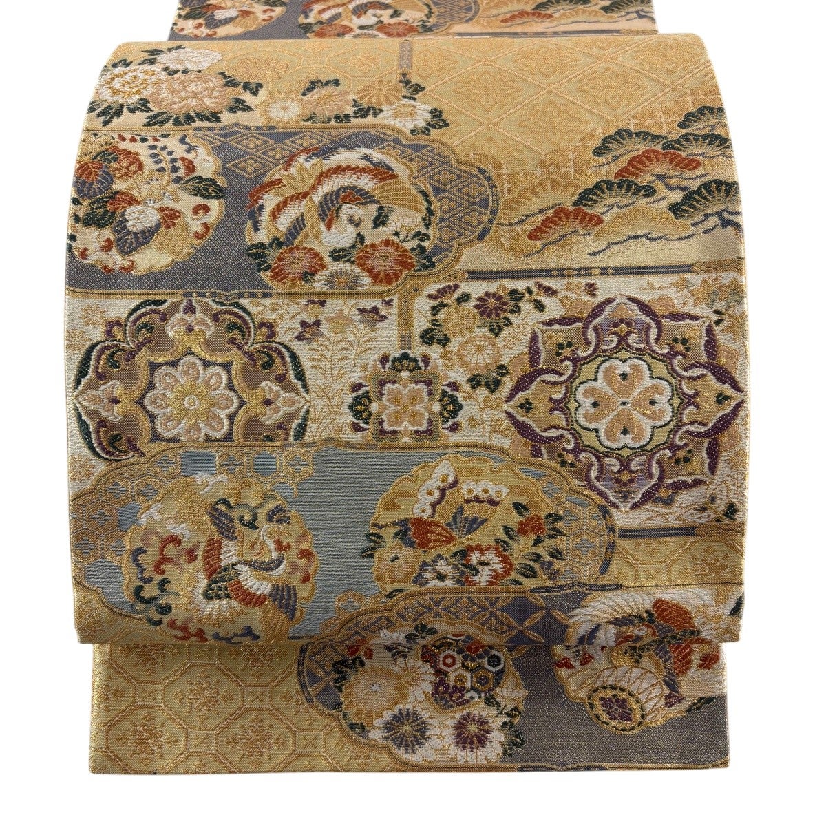 美品】 袋帯 秀品 花鳥 華文 金糸 箔 ベージュ 六通 正絹｜中古・古着