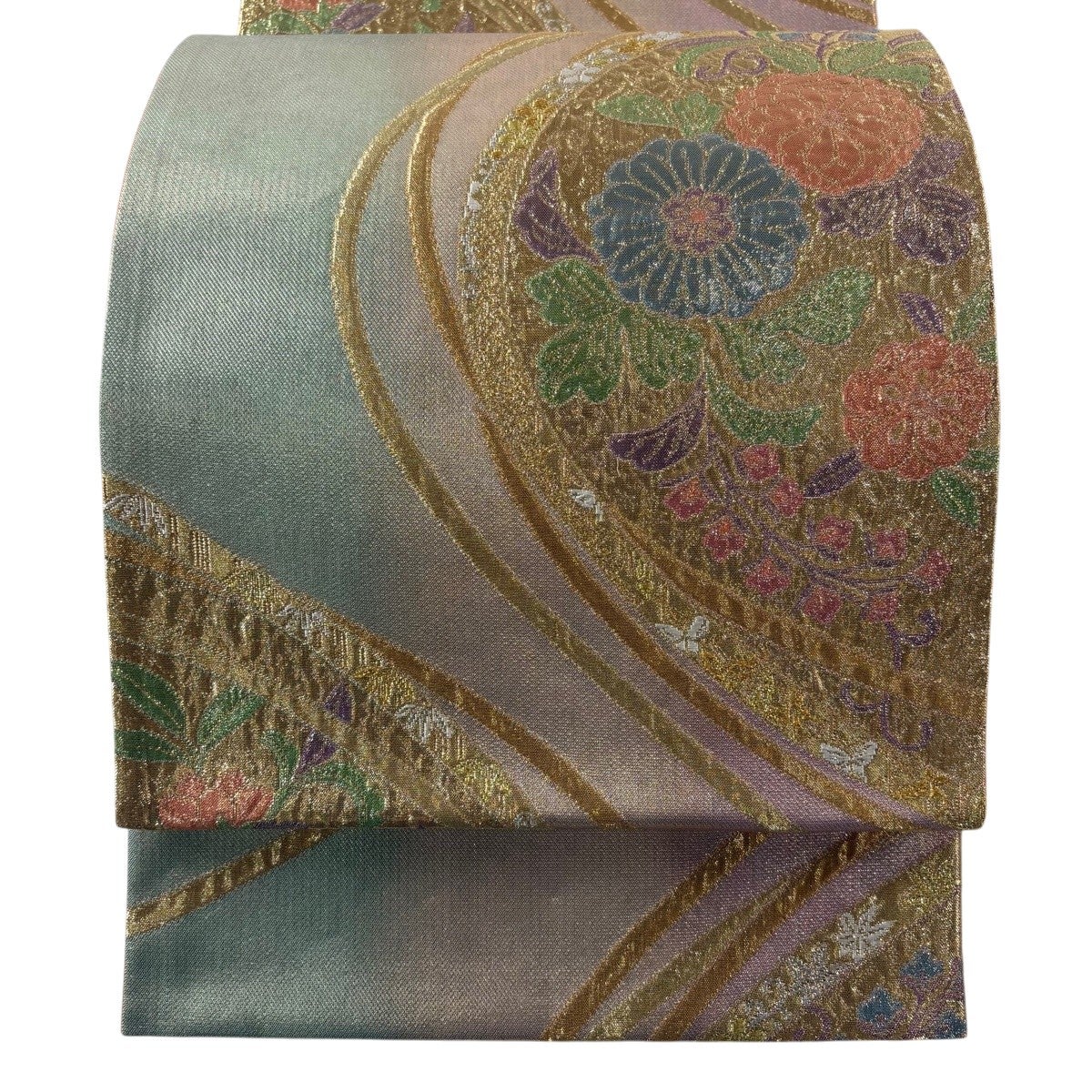 美品】 袋帯 秀品 振袖向き 草花 波 箔 金銀糸 紫 六通 正絹｜中古 