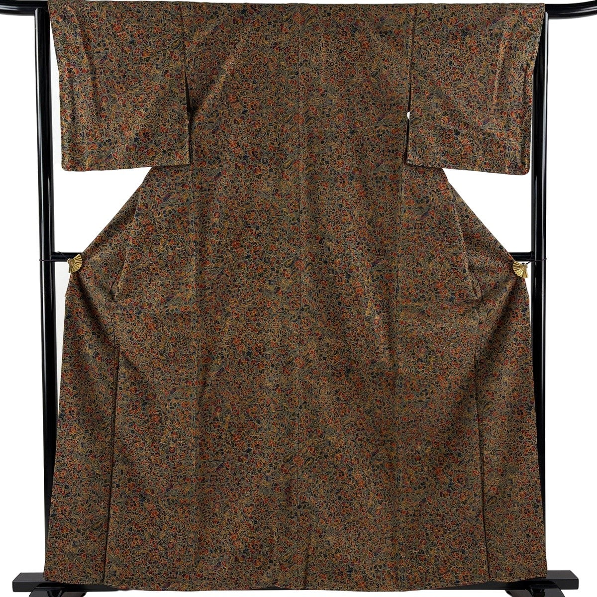 美品】 小紋 身丈160cm 裄丈64cm M 袷 楽器 草花 灰緑 正絹 優品｜中古