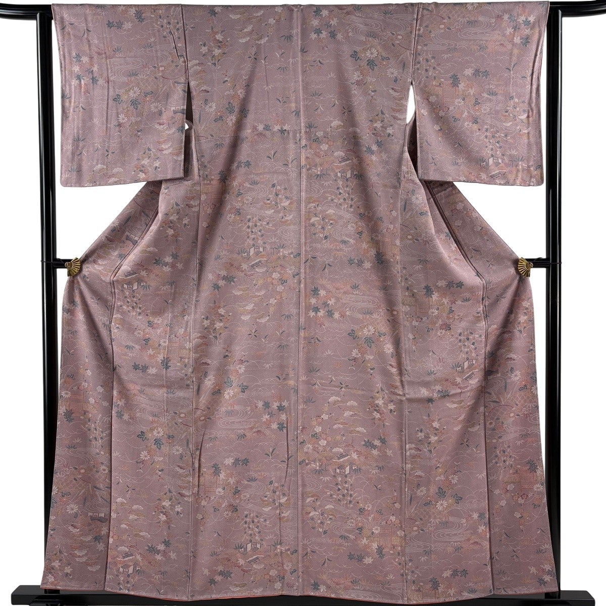 美品】 小紋 身丈157cm 裄丈62.5cm S 袷 松竹梅 建物 薄小豆 正絹 優品