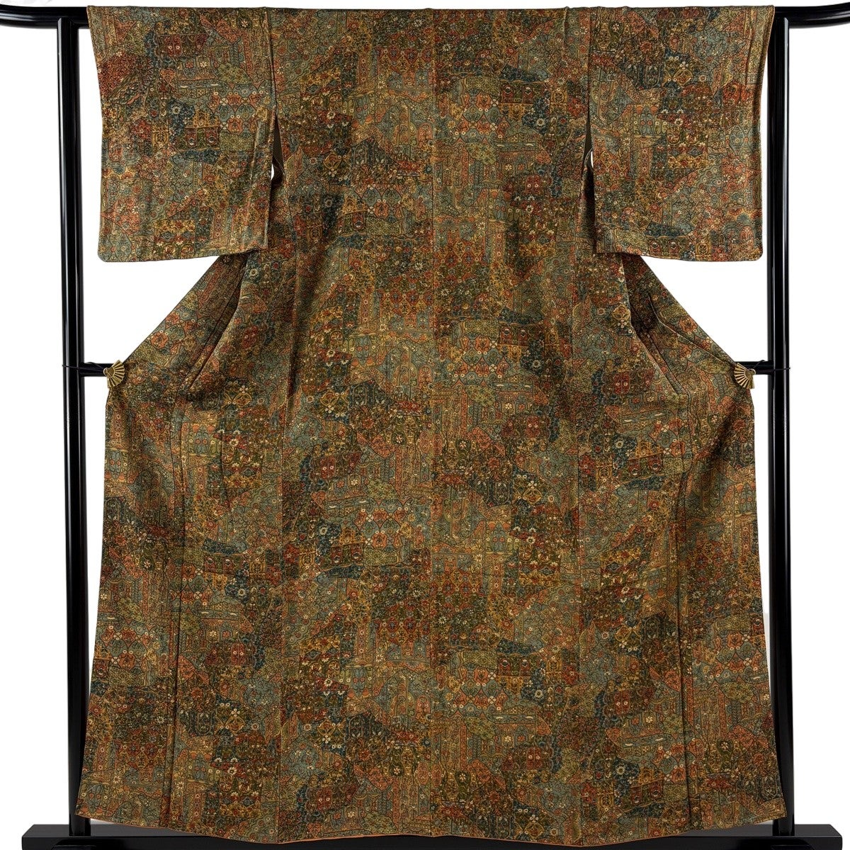 小紋 身丈157cm 裄丈62.5cm S 袷 草花 幾何学 山吹茶色 正絹 優品