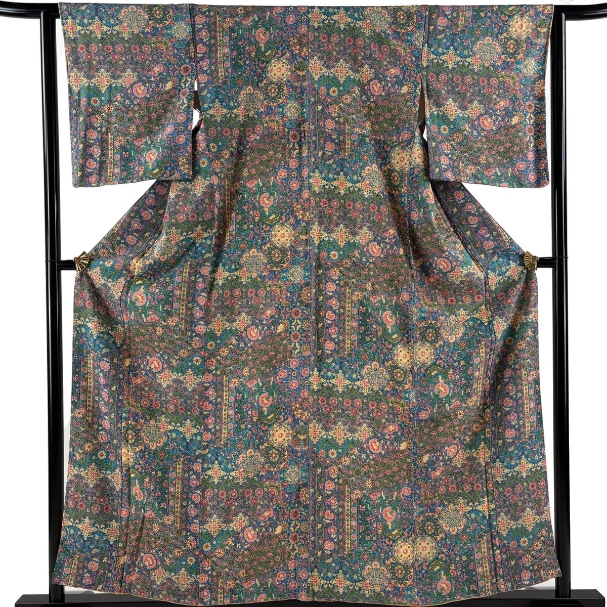 美品】 小紋 身丈158cm 裄丈62.5cm S 袷 草花 花器 青緑 正絹 優品