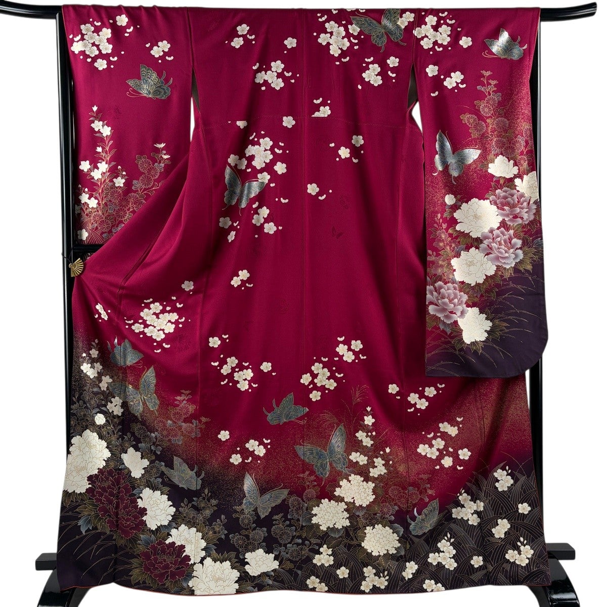 振袖 身丈167.5cm 裄丈65.5cm M 袷 蝶 牡丹 金糸 金彩 赤紫 正絹 名品