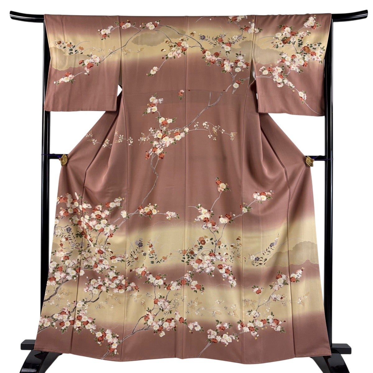 訪問着 身丈162cm 裄丈66cm M 袷 萩 桜 金糸 金彩 小豆色 正絹 名品
