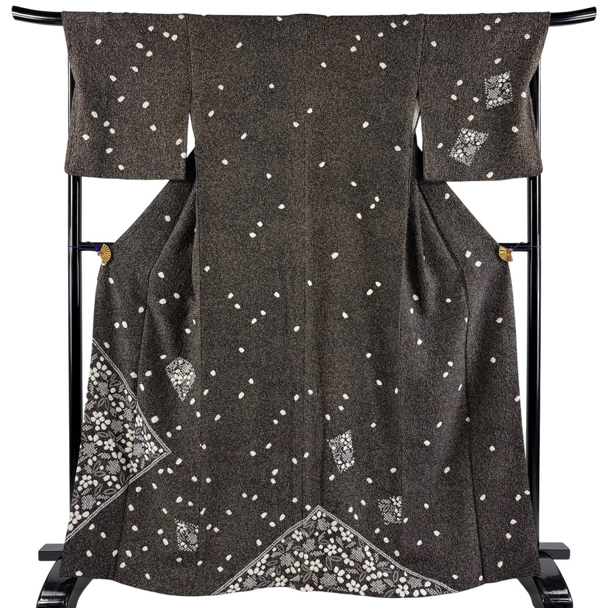 美品】 付下げ 身丈168.5cm 裄丈69cm L 袷 草花 幾何学模様 絞り 墨色