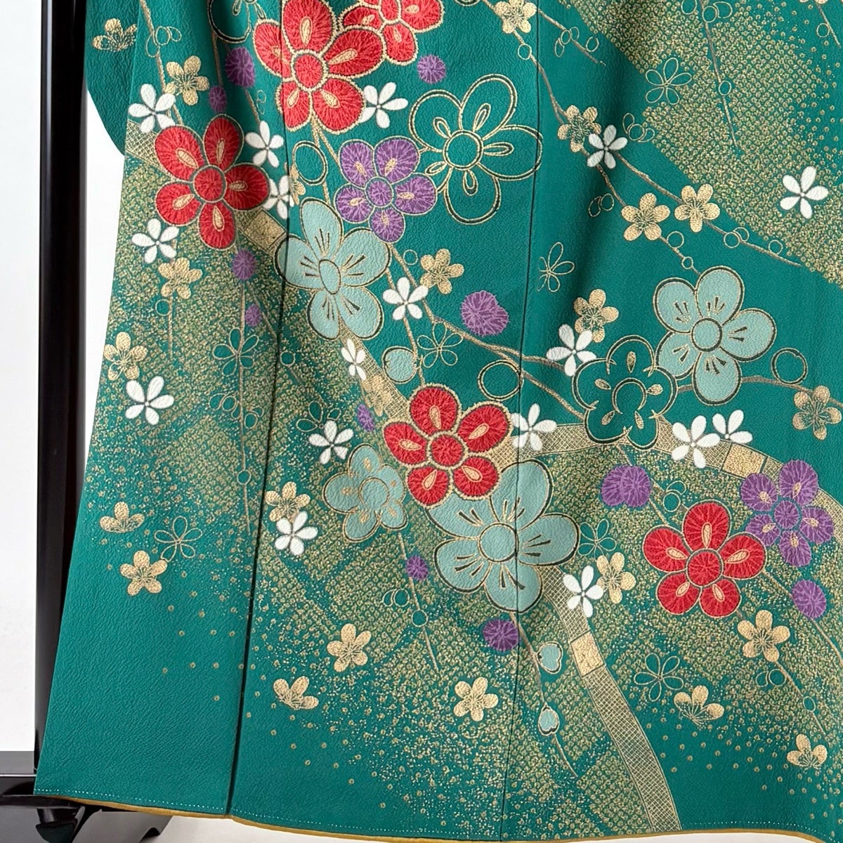 振袖 身丈161.5cm 裄丈64cm M 袷 梅 籬 金彩 縮緬 緑 正絹 名品｜中古
