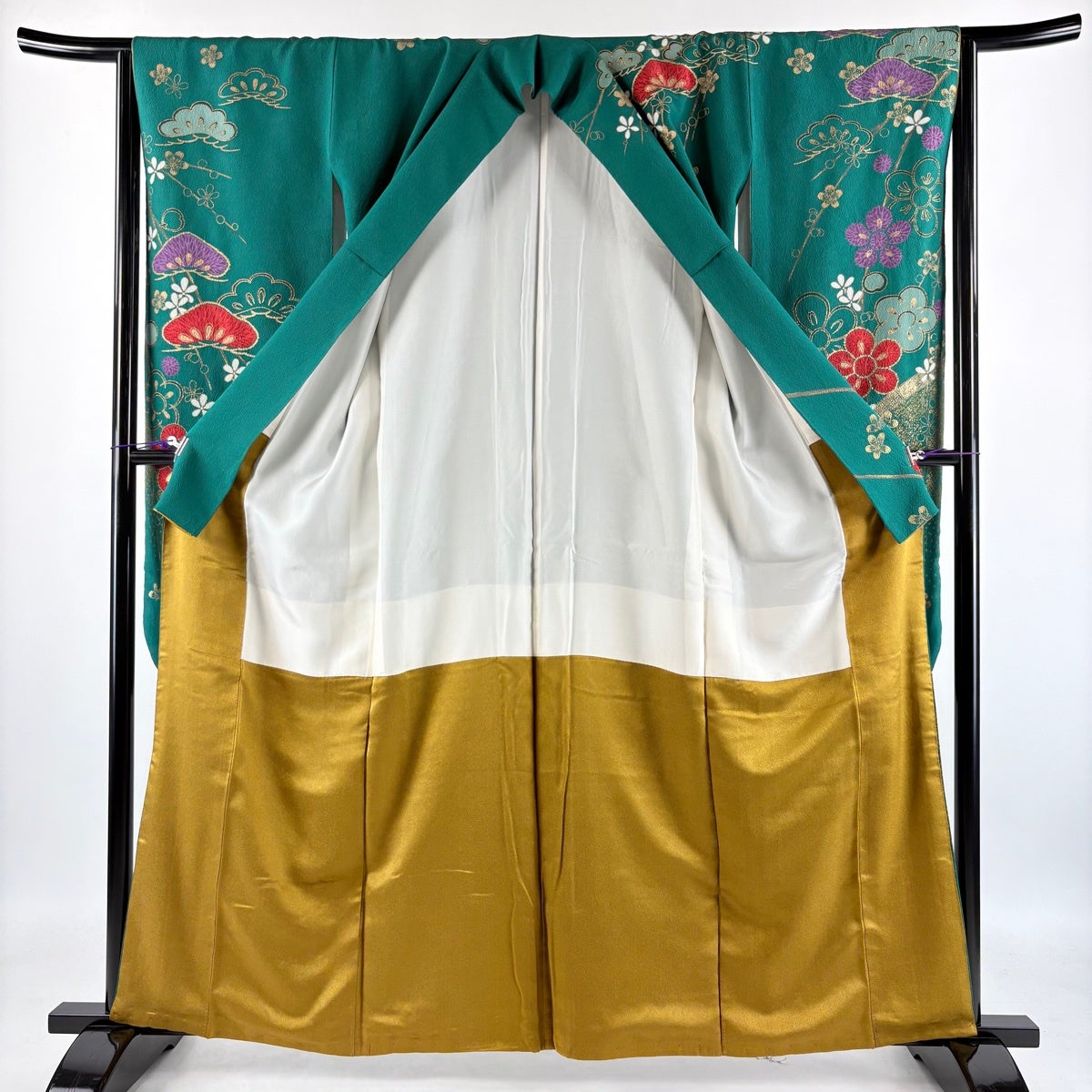 振袖 身丈161.5cm 裄丈64cm M 袷 梅 籬 金彩 縮緬 緑 正絹 名品｜中古