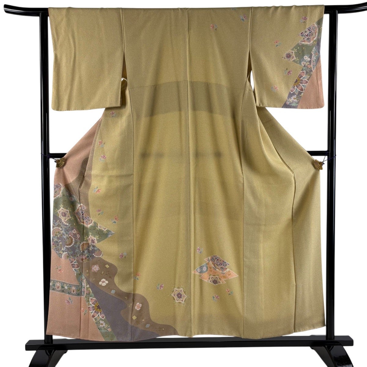 訪問着 身丈156.5cm 裄丈61.5cm S 袷 花唐草 華文 金彩 ラメ 薄黄土色