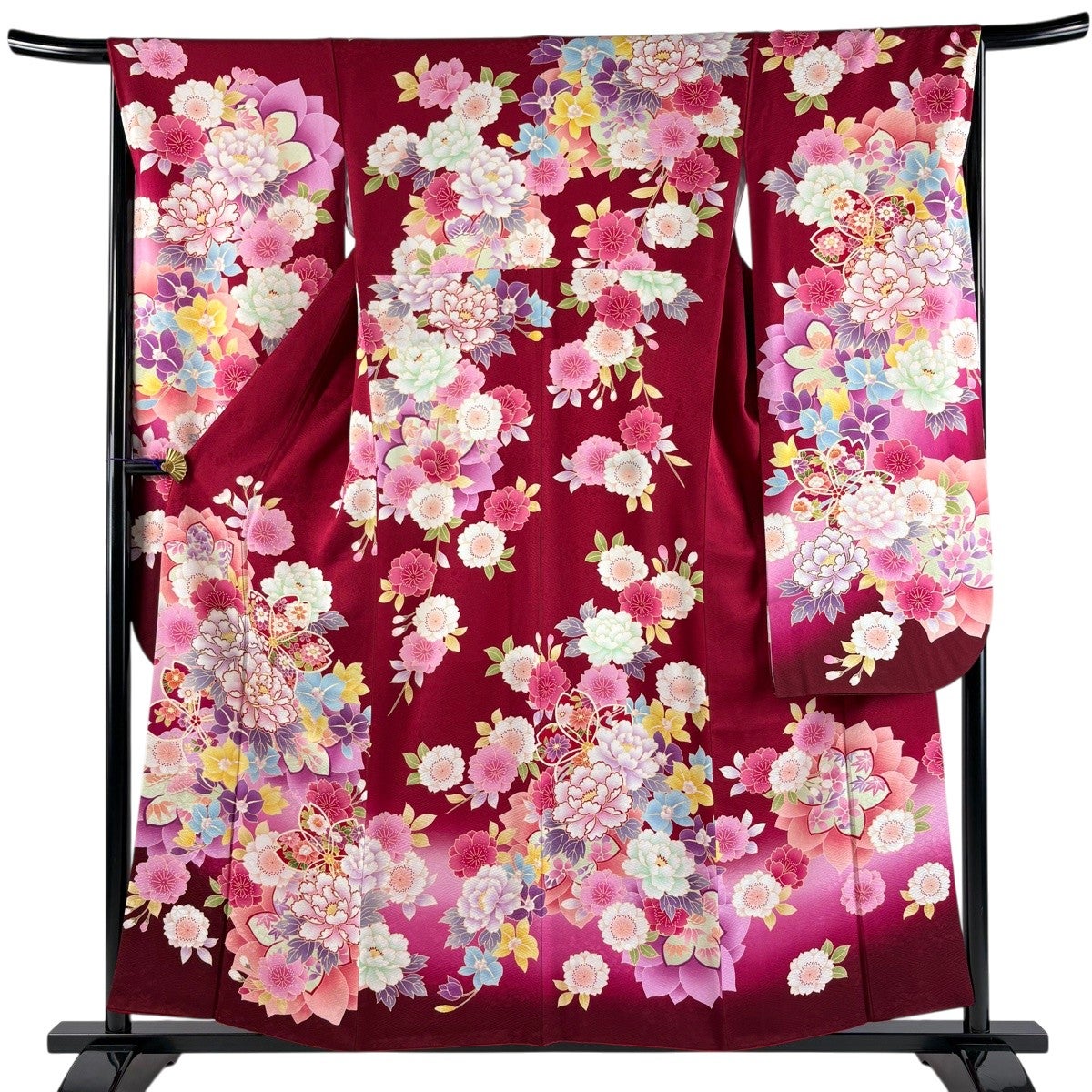 美品】 振袖 身丈157cm 裄丈66.5cm M 袷 牡丹 桜 金糸 ぼかし 赤 正絹