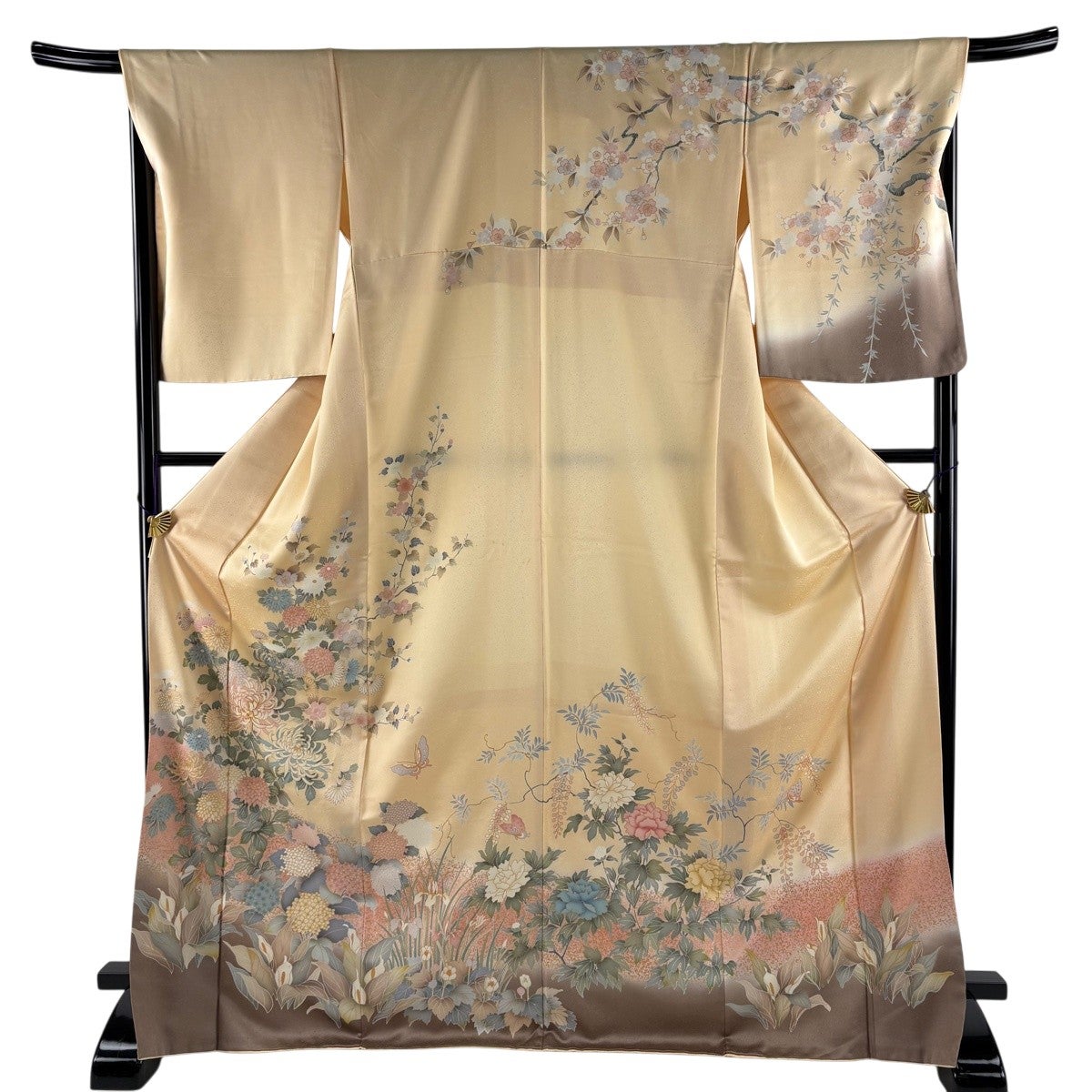 訪問着 身丈173cm 裄丈68cm L 袷 菊 草花 金糸 金彩 薄オレンジ 正絹