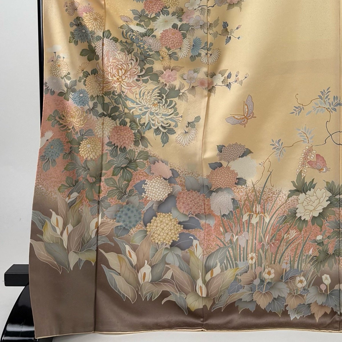 訪問着 身丈173cm 裄丈68cm L 袷 菊 草花 金糸 金彩 薄オレンジ 正絹