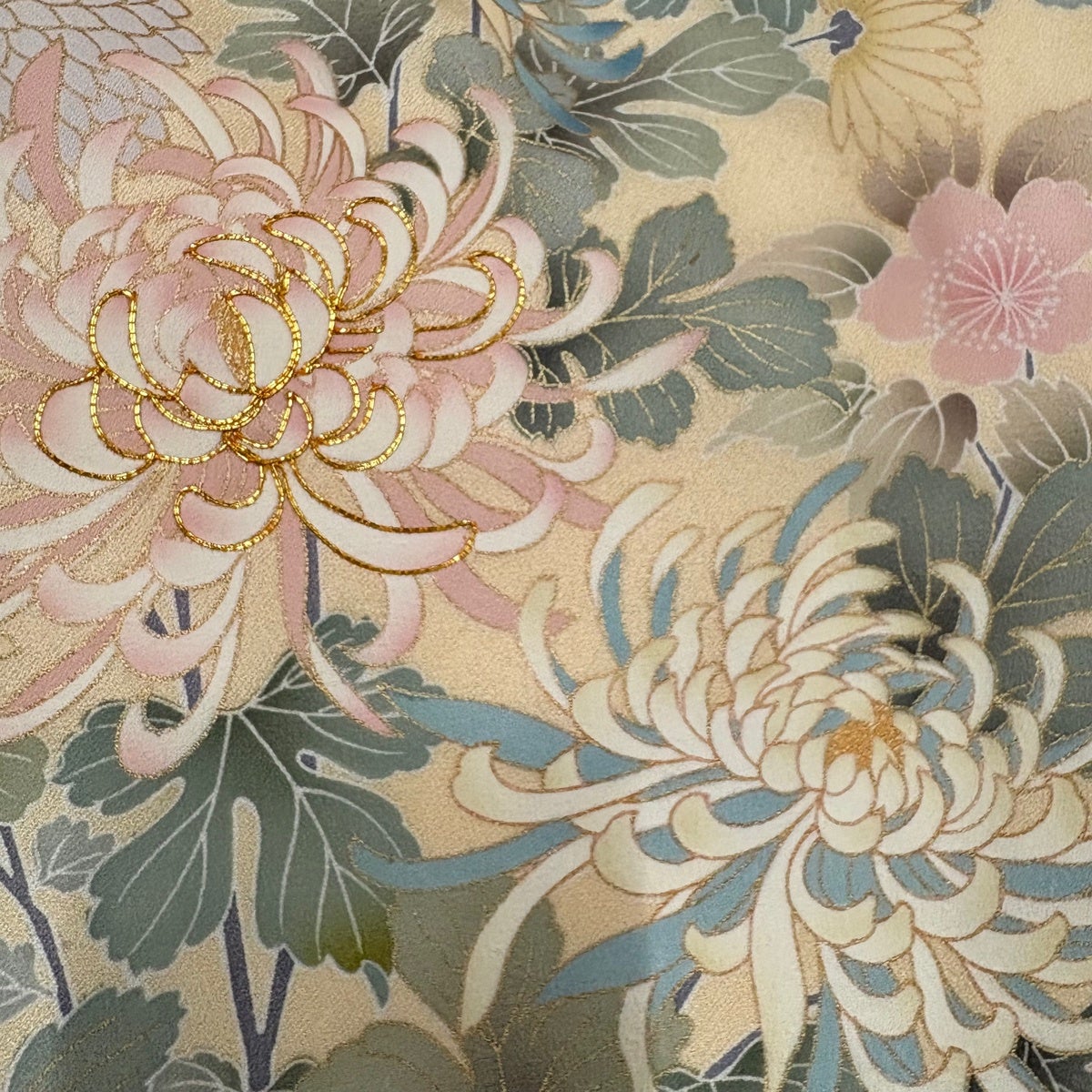 訪問着 身丈173cm 裄丈68cm L 袷 菊 草花 金糸 金彩 薄オレンジ 正絹