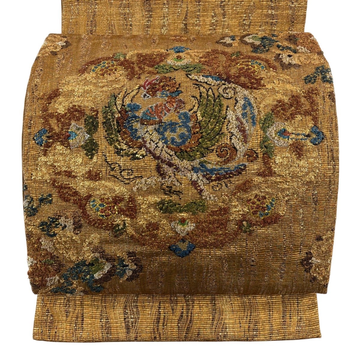 美品】 袋帯 名品 関西仕立て 華文 花喰鳥 金糸 刺繍 金色 お太鼓柄