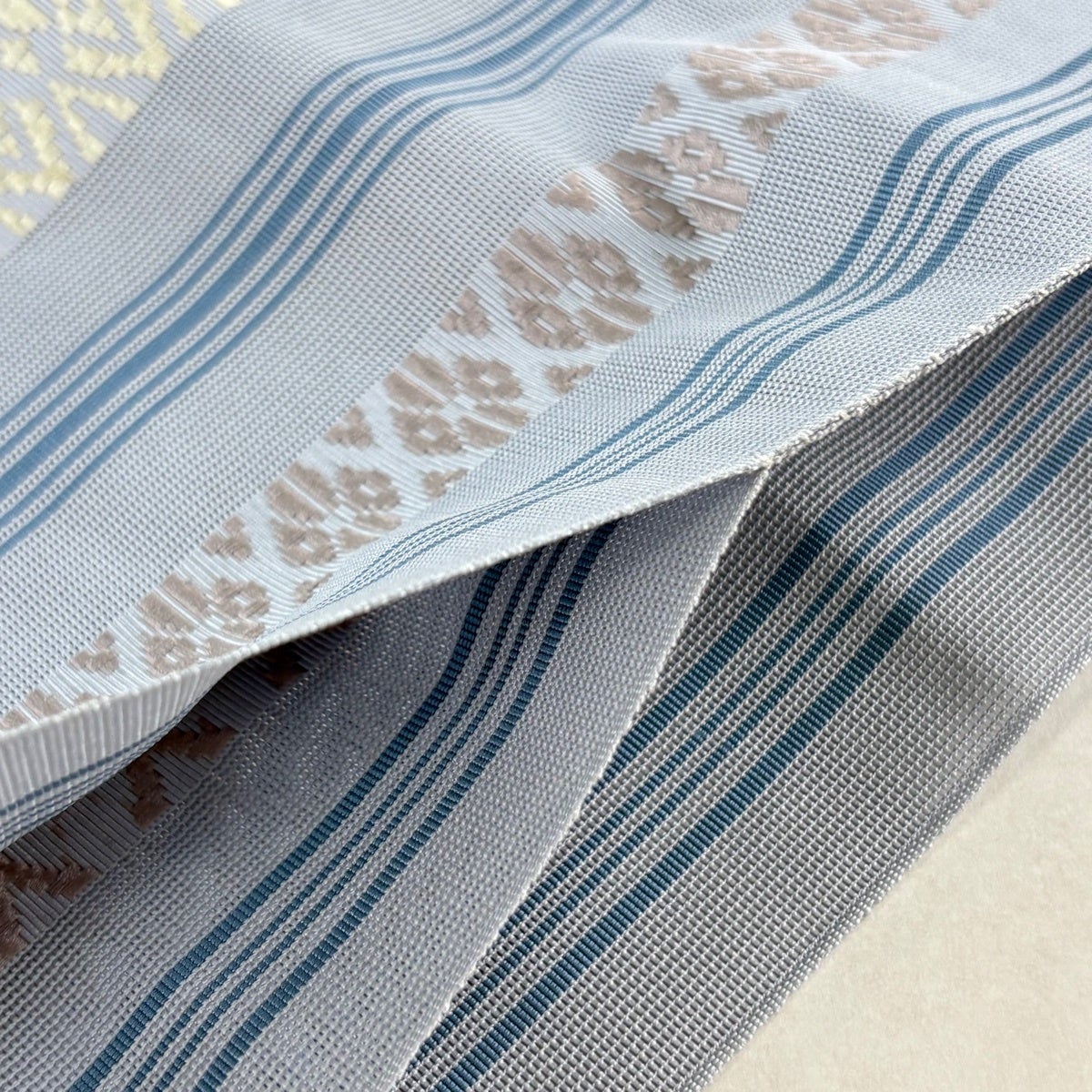 名古屋帯 名品 夏帯 紗 八寸名古屋帯 トンネル仕立て 縞 幾何学模様 青