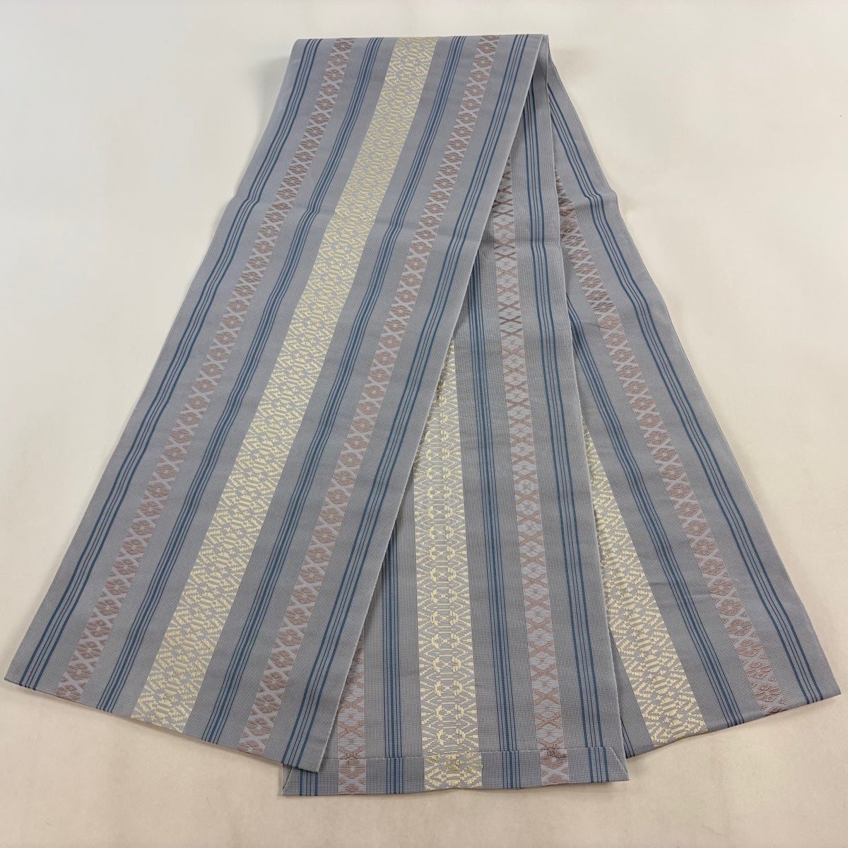 名古屋帯 名品 夏帯 紗 八寸名古屋帯 トンネル仕立て 縞 幾何学模様 青
