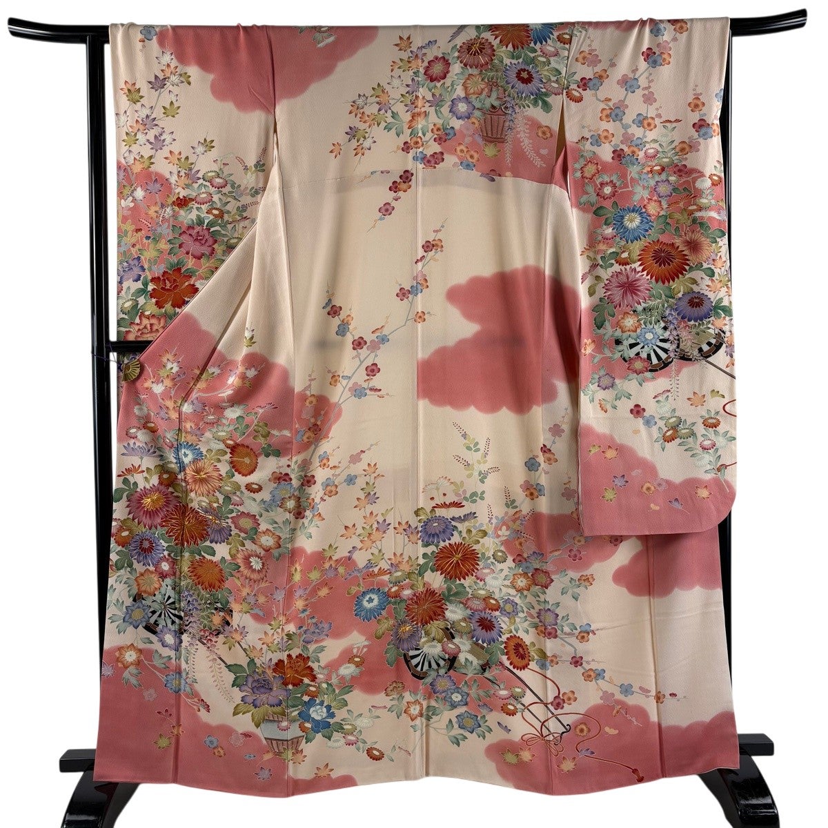 美品】 振袖 身丈159.5cm 裄丈65cm M 袷 御所車 牡丹 金糸 金彩 赤