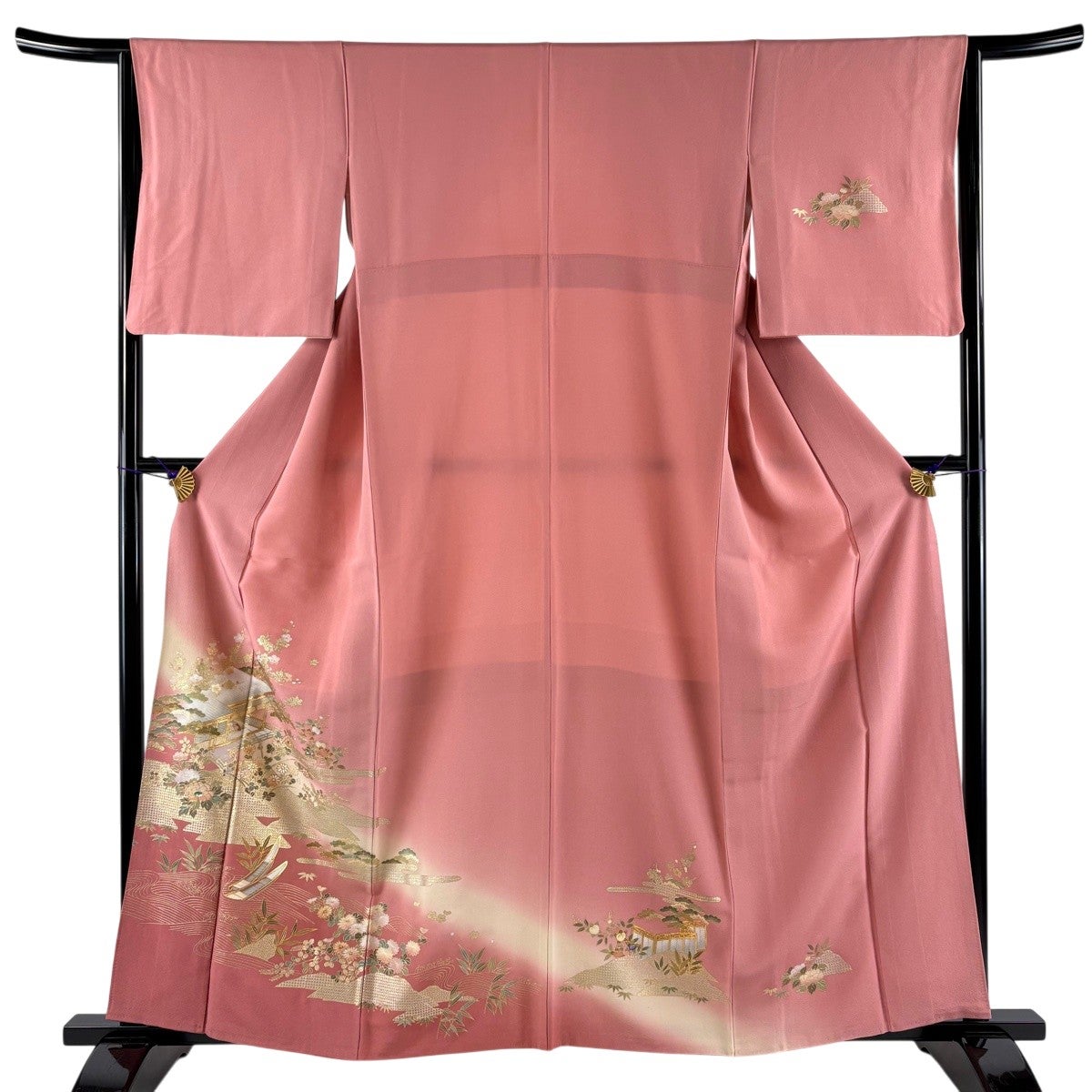 訪問着 身丈160cm 裄丈64cm M 袷 御所風景 松竹梅 金銀彩 螺鈿 ピンク