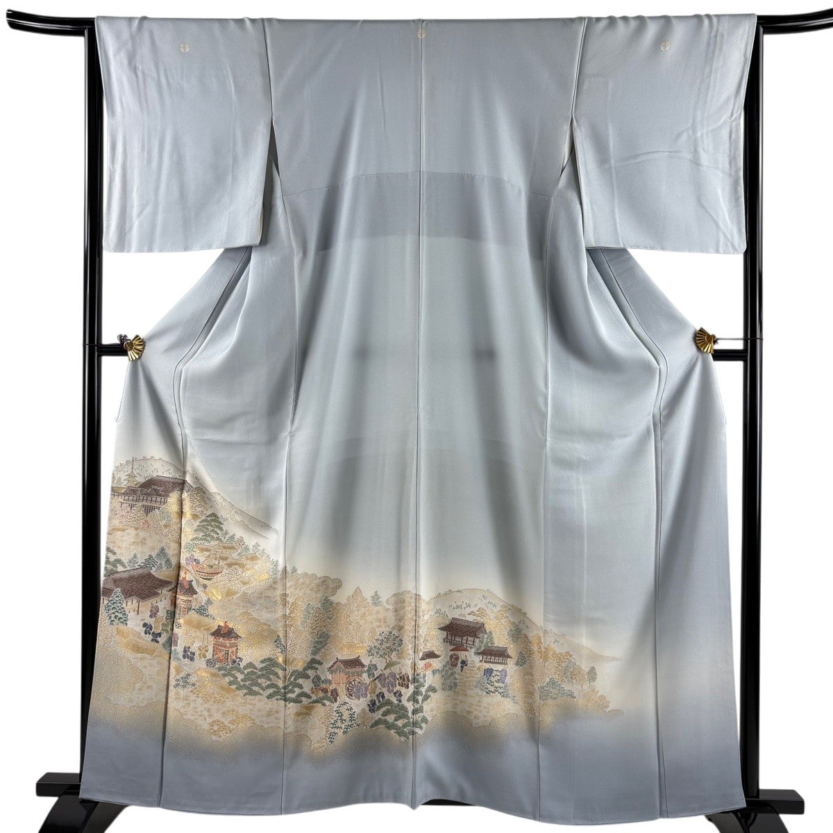 色留袖 身丈160cm 裄丈65.5cm M 袷 風景 山鉾 金糸 刺繍 水色 正絹 秀