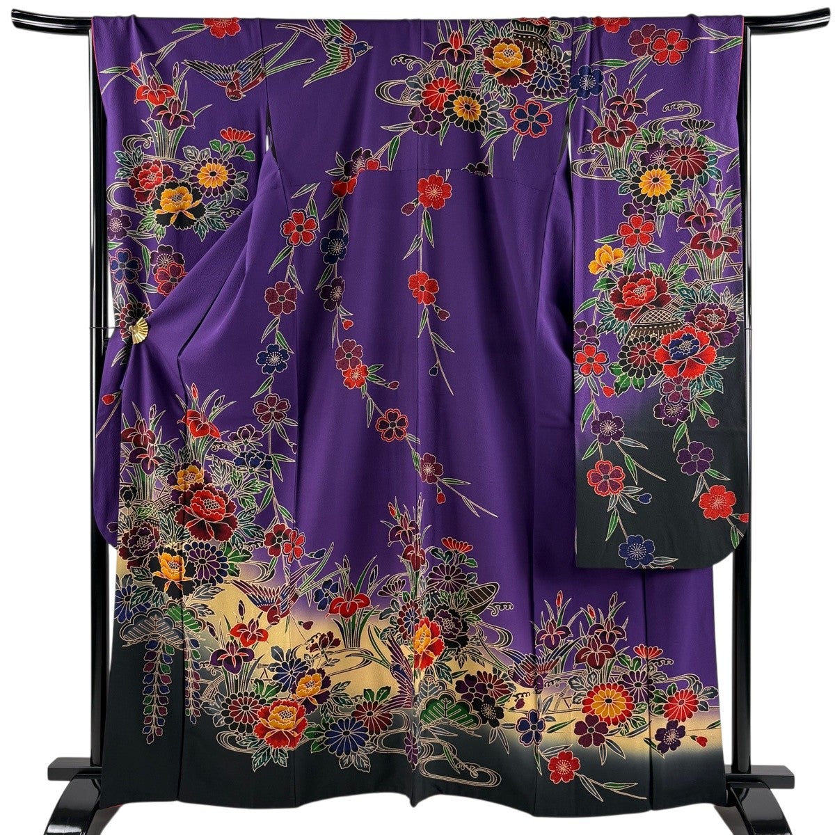 美品】 振袖 身丈162.5cm 裄丈68cm L 袷 草花 鳥 染め分け ぼかし 紫