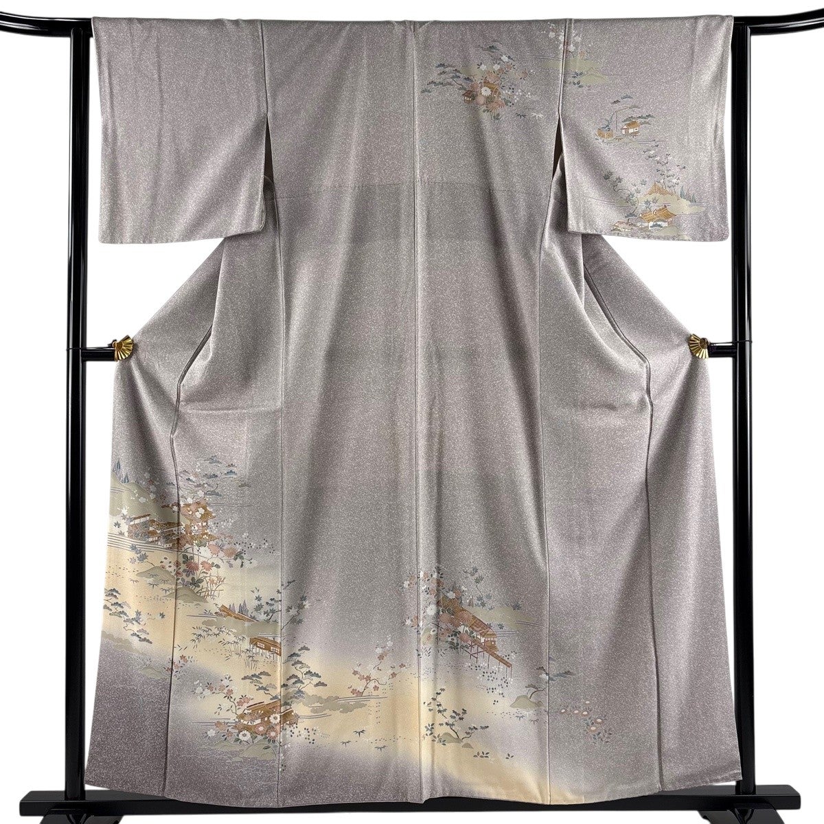 訪問着 身丈157.5cm 裄丈63cm S 袷 松竹梅 建物 灰紫 正絹 秀品｜中古