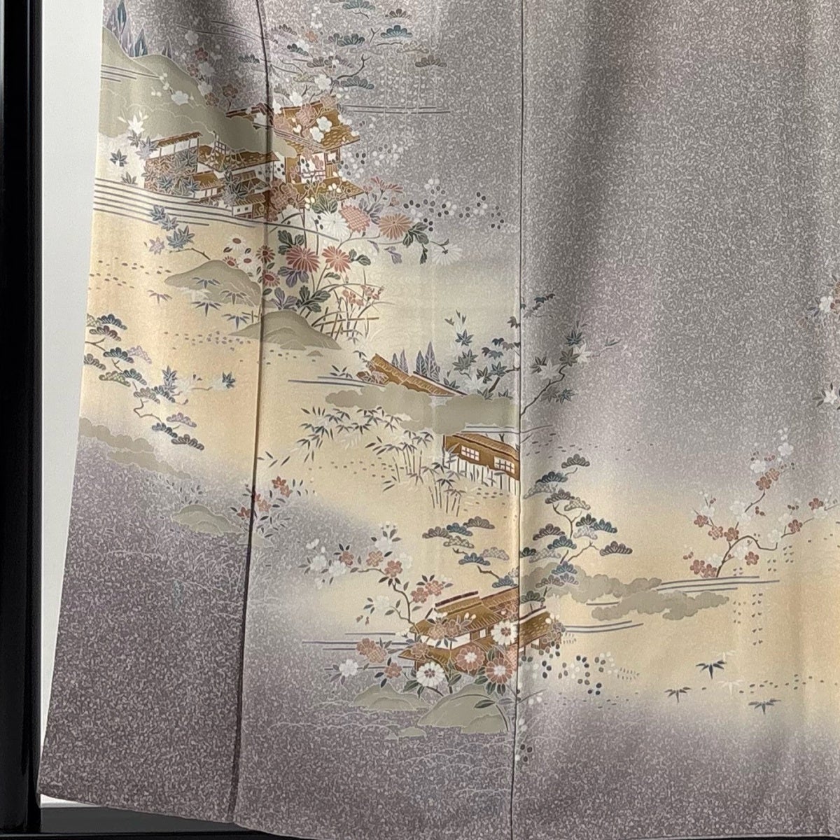 訪問着 身丈157.5cm 裄丈63cm S 袷 松竹梅 建物 灰紫 正絹 秀品｜中古