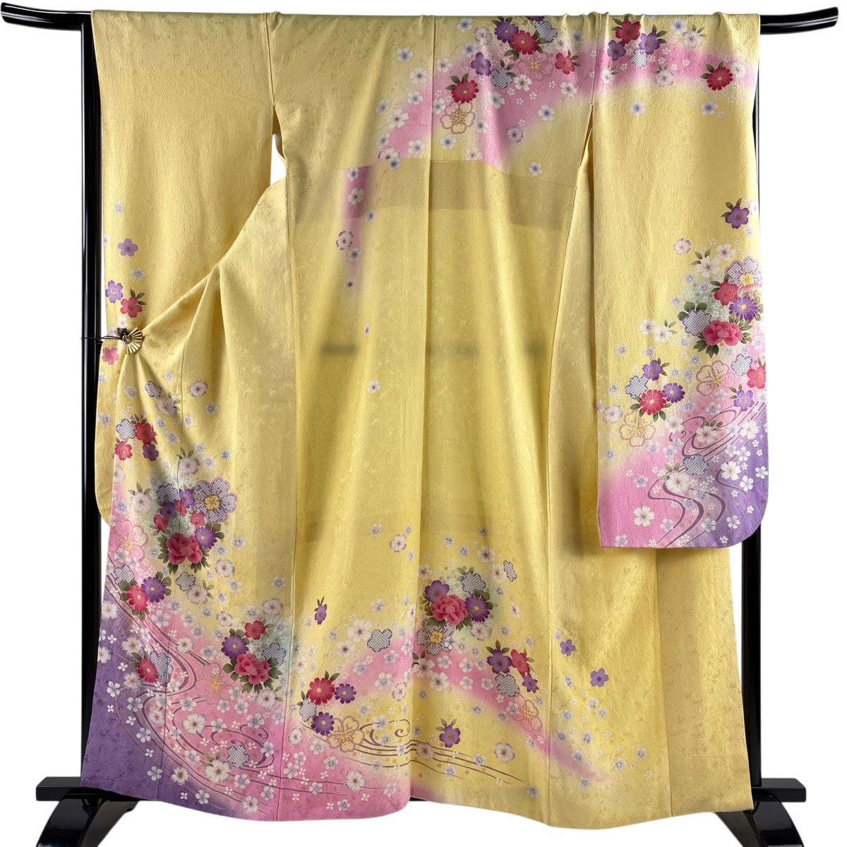 美品】 振袖 身丈170cm 裄丈72cm L 袷 桜 草花 金彩 黄色 正絹 名品