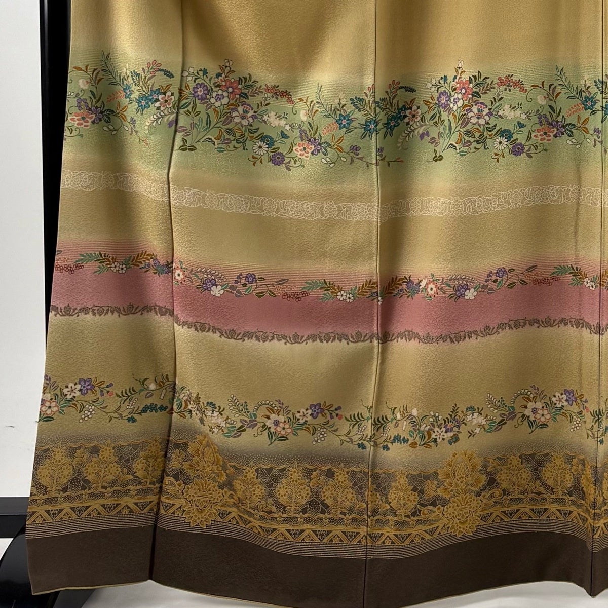美品】 訪問着 身丈165cm 裄丈68cm L 袷 草花 段縞 金彩 ぼかし 茶緑色