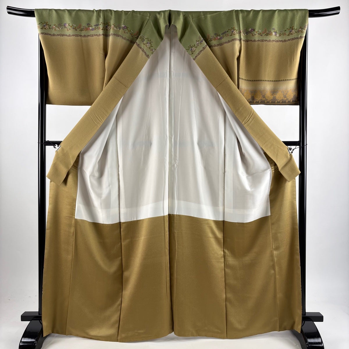 美品】 訪問着 身丈165cm 裄丈68cm L 袷 草花 段縞 金彩 ぼかし 茶緑色