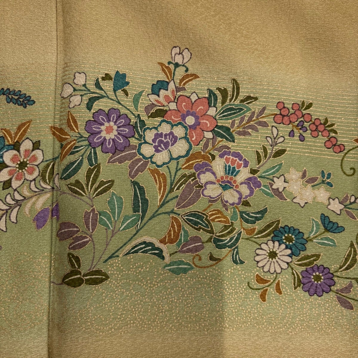 美品】 訪問着 身丈165cm 裄丈68cm L 袷 草花 段縞 金彩 ぼかし 茶緑色