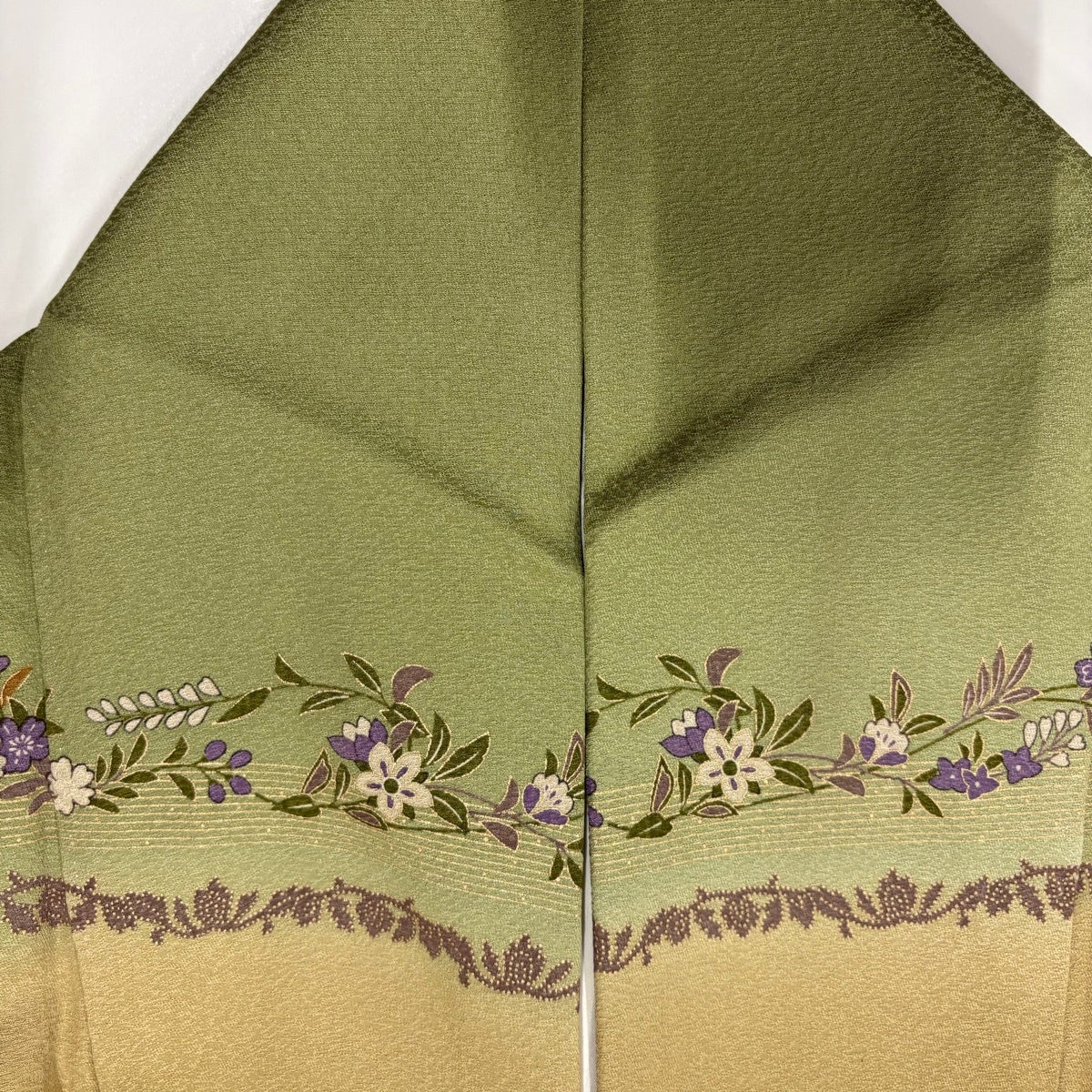 美品】 訪問着 身丈165cm 裄丈68cm L 袷 草花 段縞 金彩 ぼかし 茶緑色