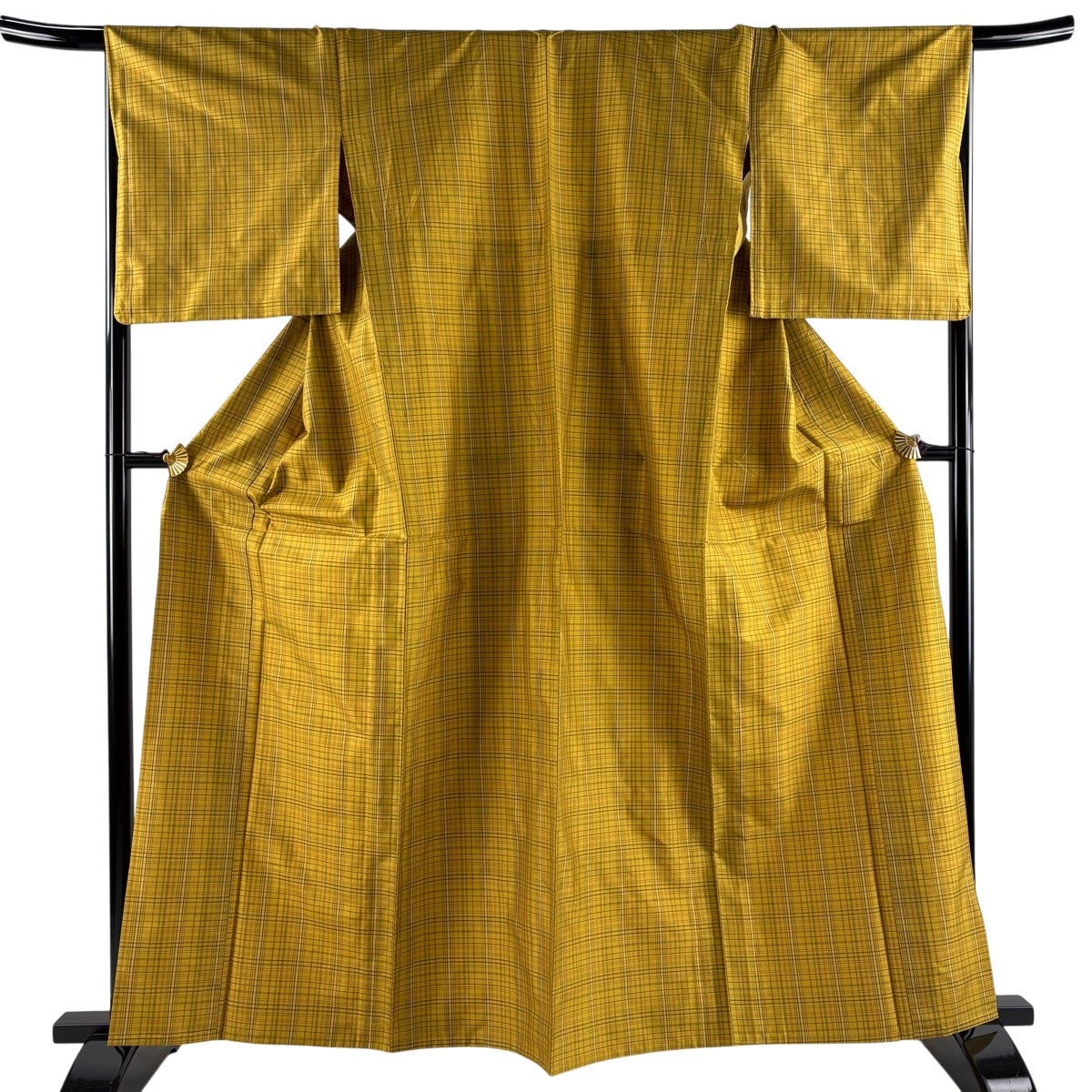 美品】 紬 身丈162cm 裄丈68cm L 単衣 証紙あり 格子 黄土色 正絹 秀品