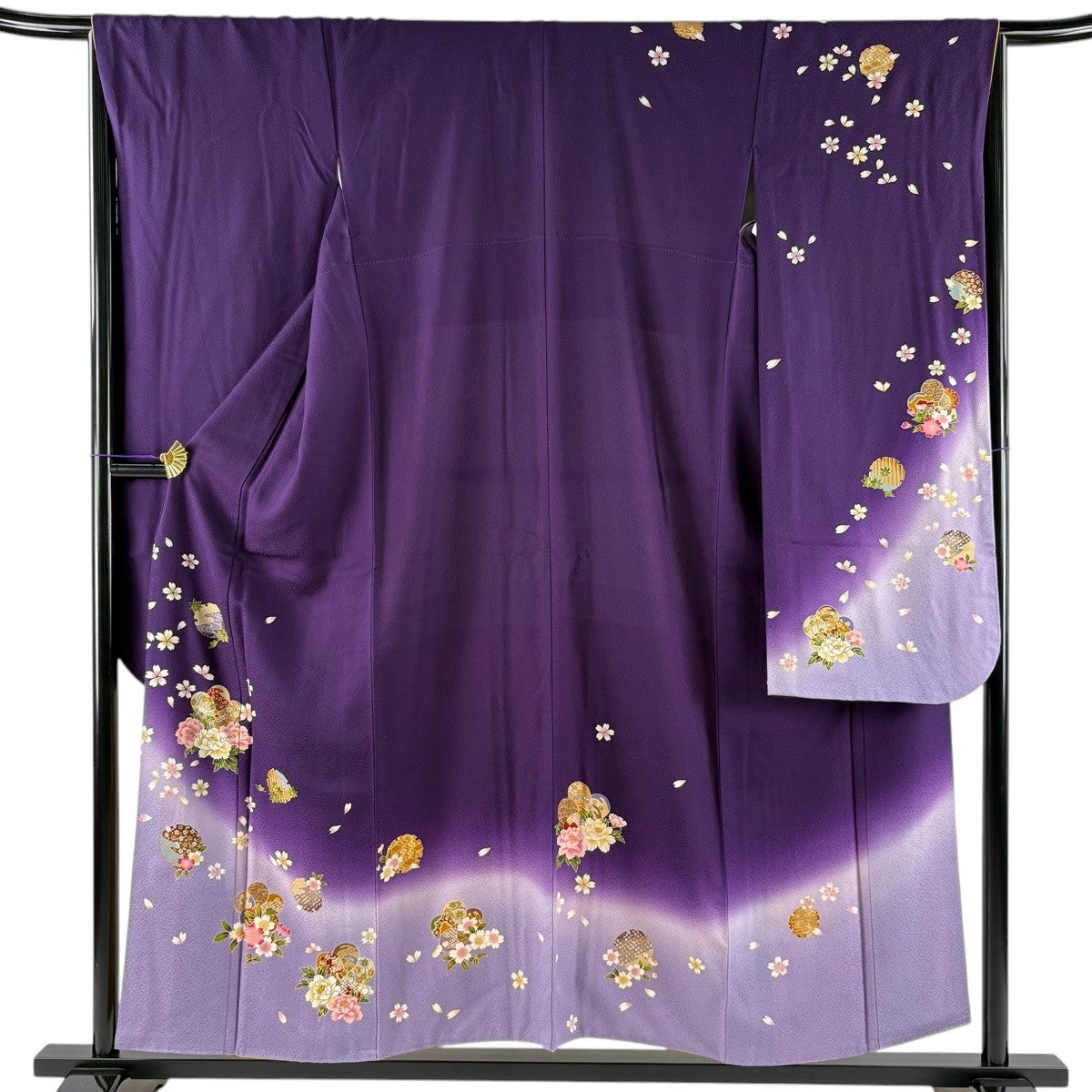 振袖 身丈154.5cm 裄丈66cm M 袷 草花 桜 金彩 ぼかし 紫 正絹 秀品