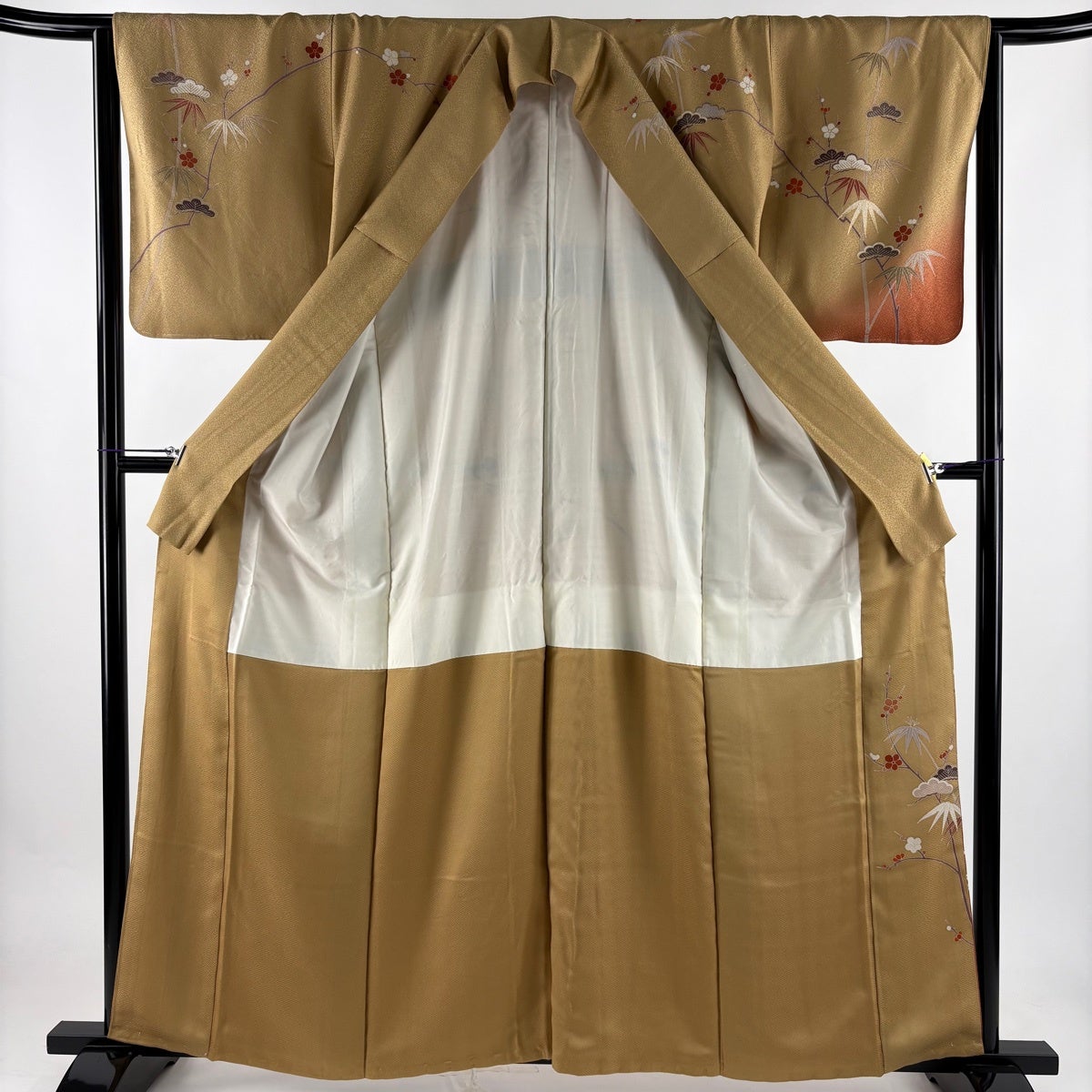 訪問着 身丈160cm 裄丈64.5cm M 袷 松竹梅 金糸 金彩 薄茶色 正絹 秀品
