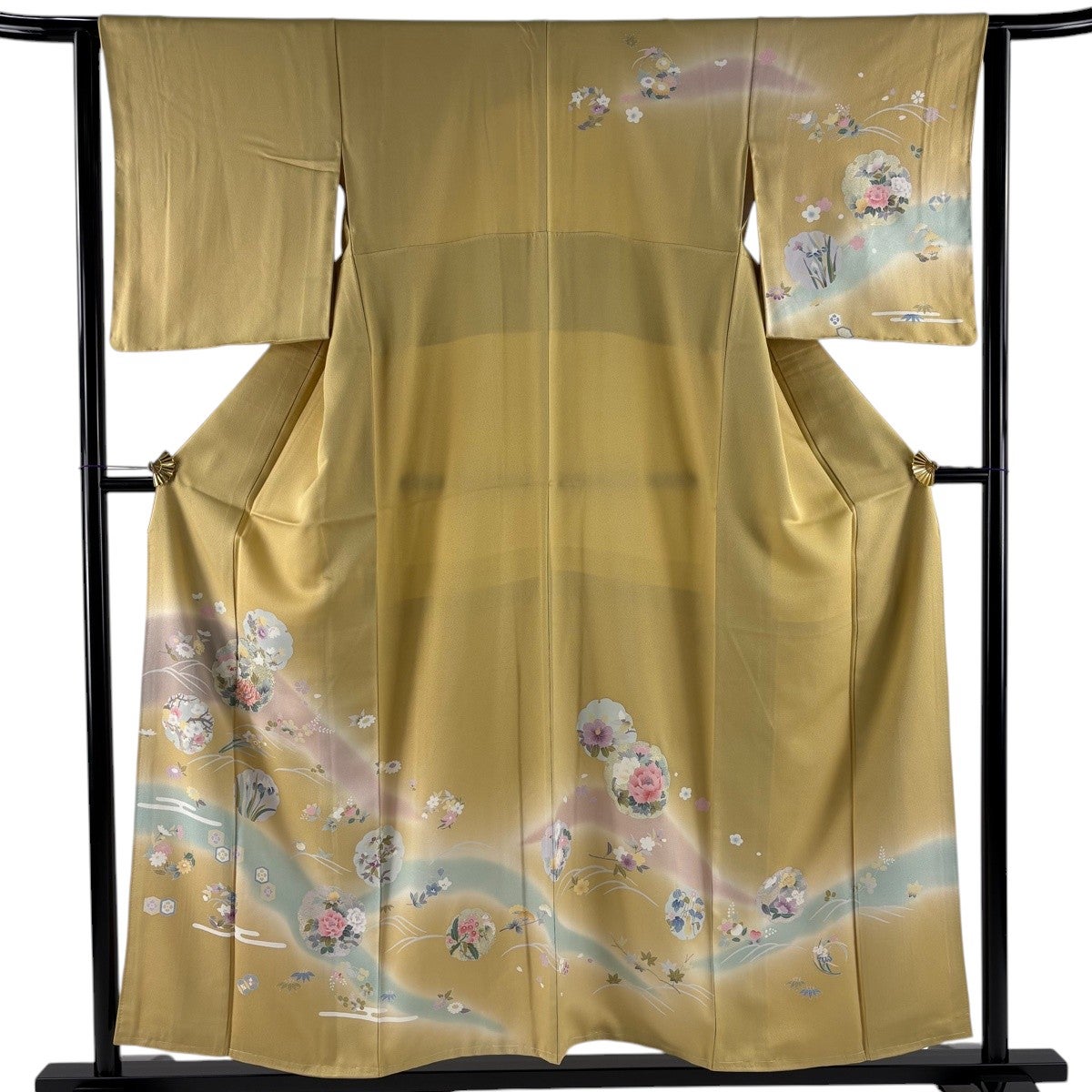 訪問着 身丈155.5cm 裄丈63cm S 袷 雪輪 草花 金彩 黄土色 正絹 秀品