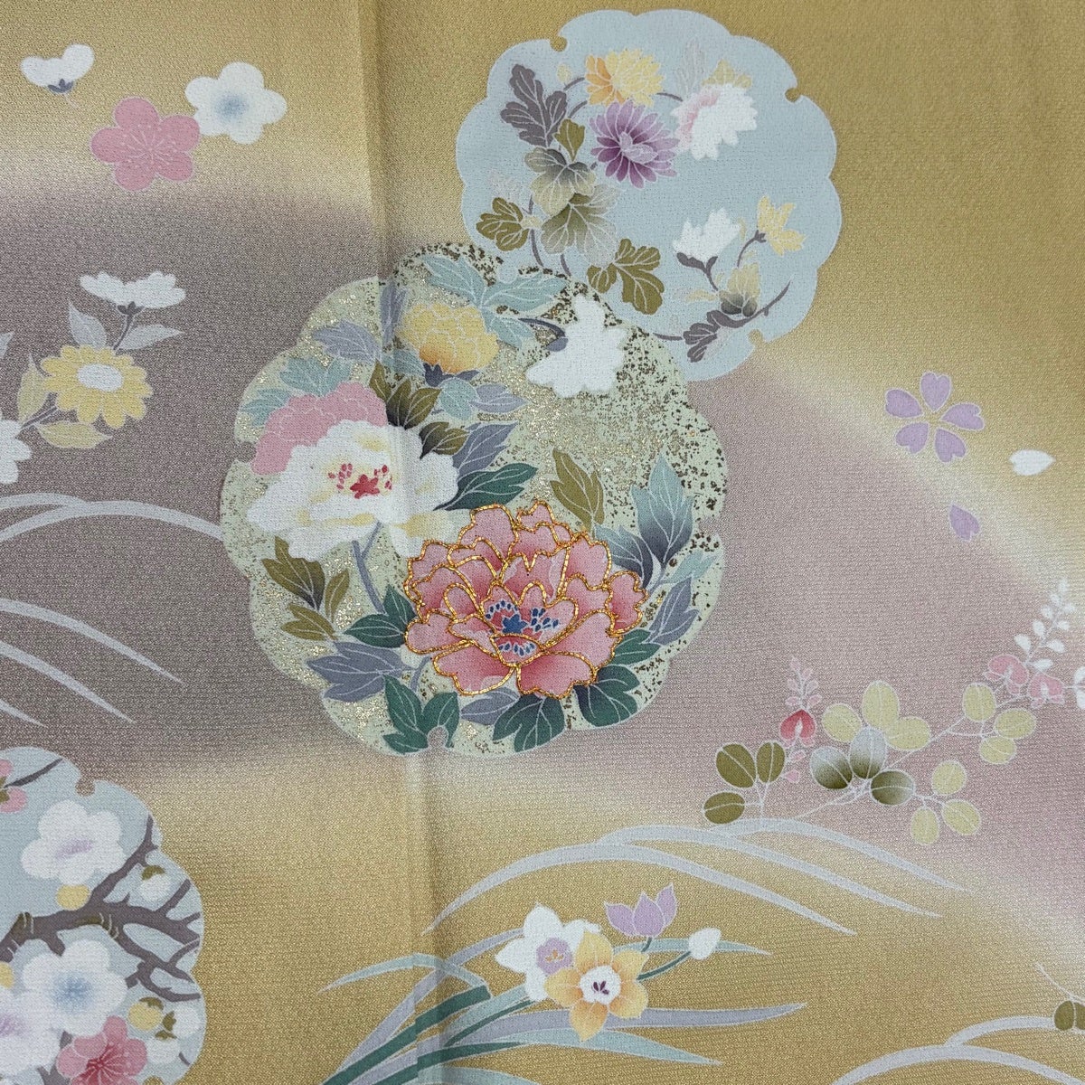 訪問着 身丈155.5cm 裄丈63cm S 袷 雪輪 草花 金彩 黄土色 正絹 秀品