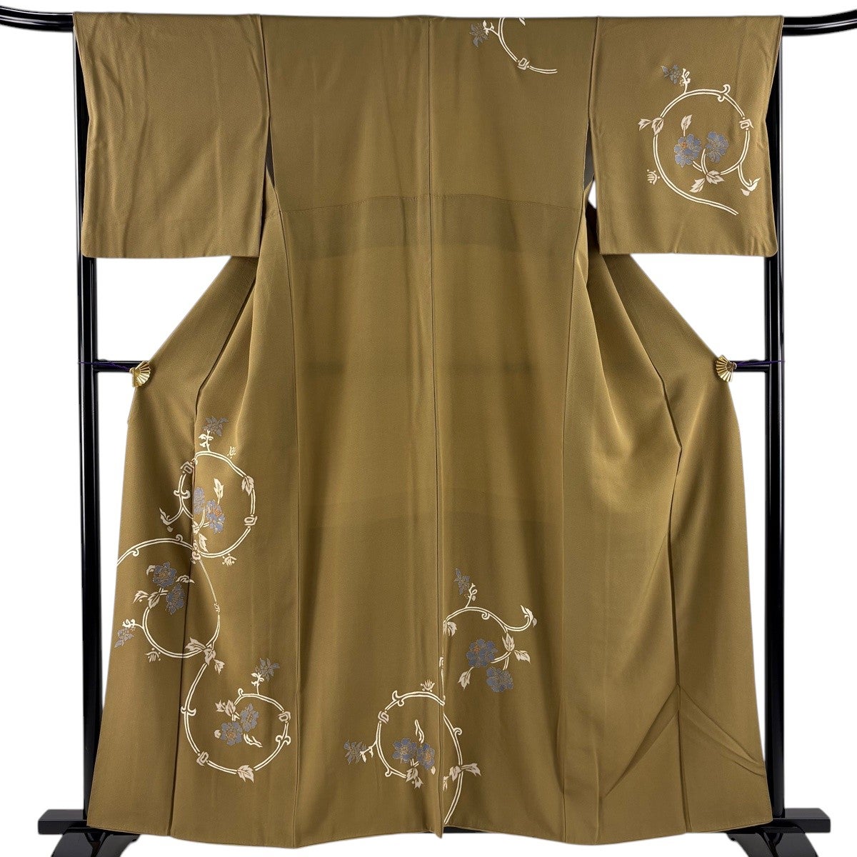 黄金糸 色無地 花唐草模様 正絹 HKT107 付下げ 身丈158cm 裄丈66.5cm M 袷 花唐草 金糸 金彩 黄土色 正絹 秀品