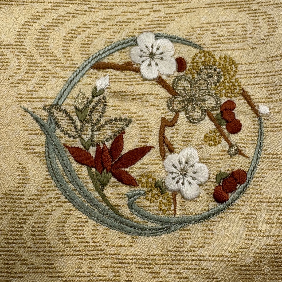 付下げ 身丈161cm 裄丈63cm S 袷 花丸文 観世水 刺繍 金糸 黄土色 正絹