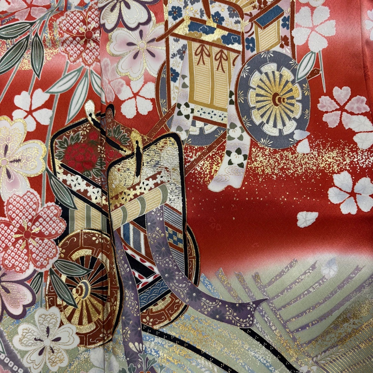 美品】 振袖 身丈161cm 裄丈66cm M 袷 御所車 桜 金糸 金銀彩 サーモン
