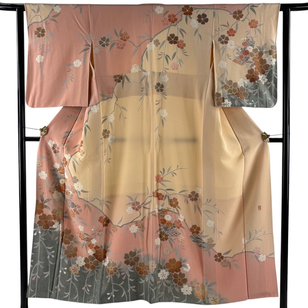 訪問着 身丈150.5cm 裄丈61cm S 袷 落款あり 桜 短冊 金糸 金彩 ピンク